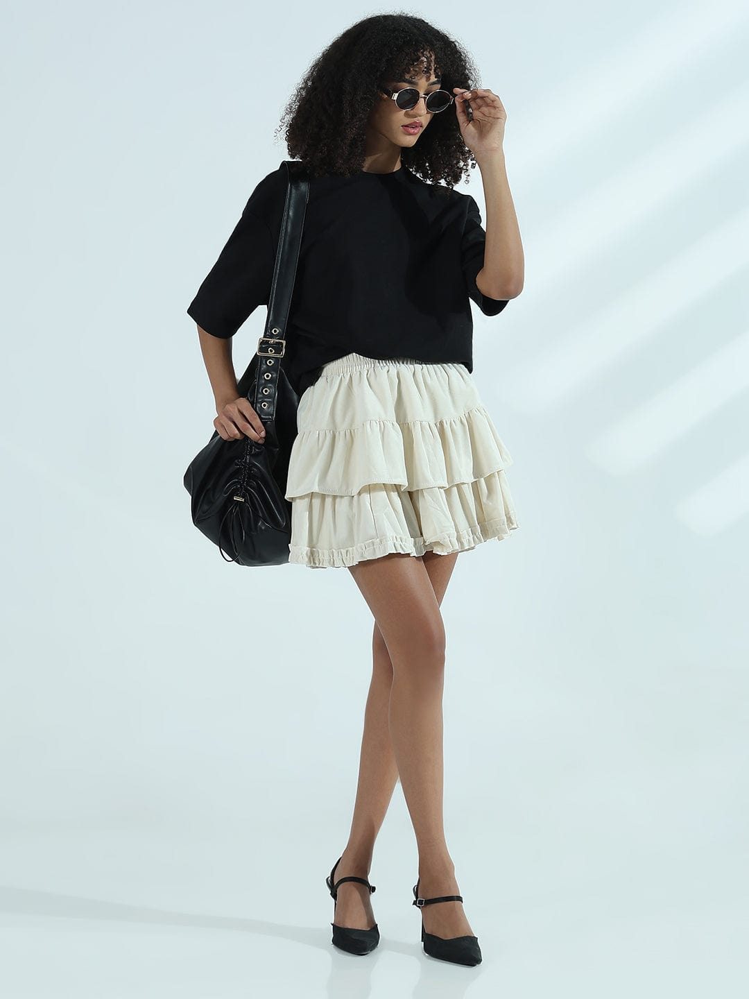 Women's Cream Tiered Velvet Short Skirt