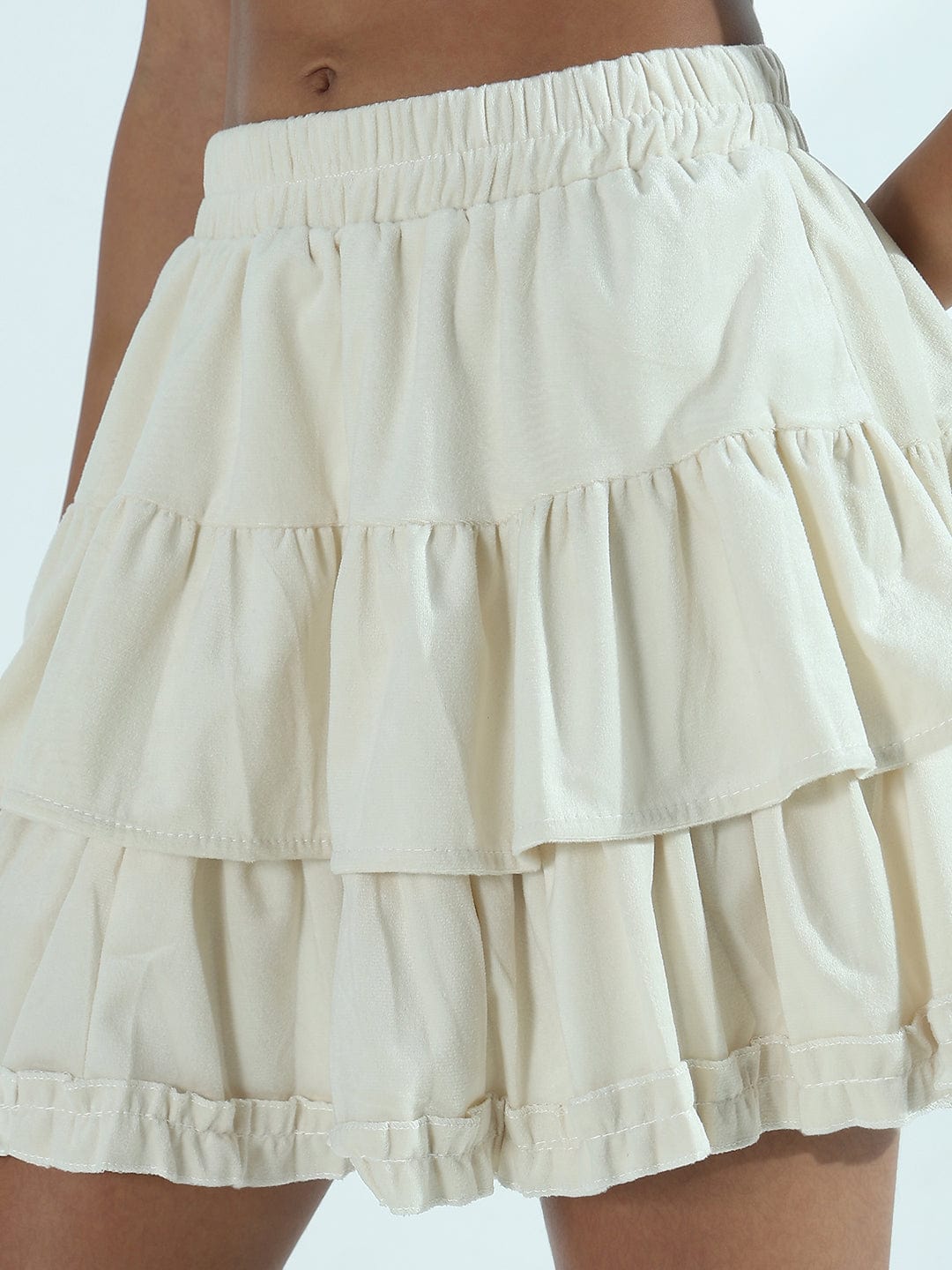 Women's Cream Tiered Velvet Short Skirt