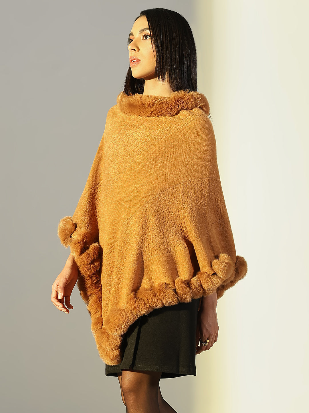 Women Brown Solid Longline Poncho