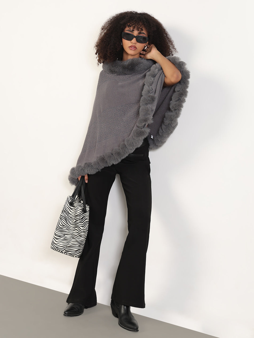 Women's Solid Grey Asymmetric Poncho