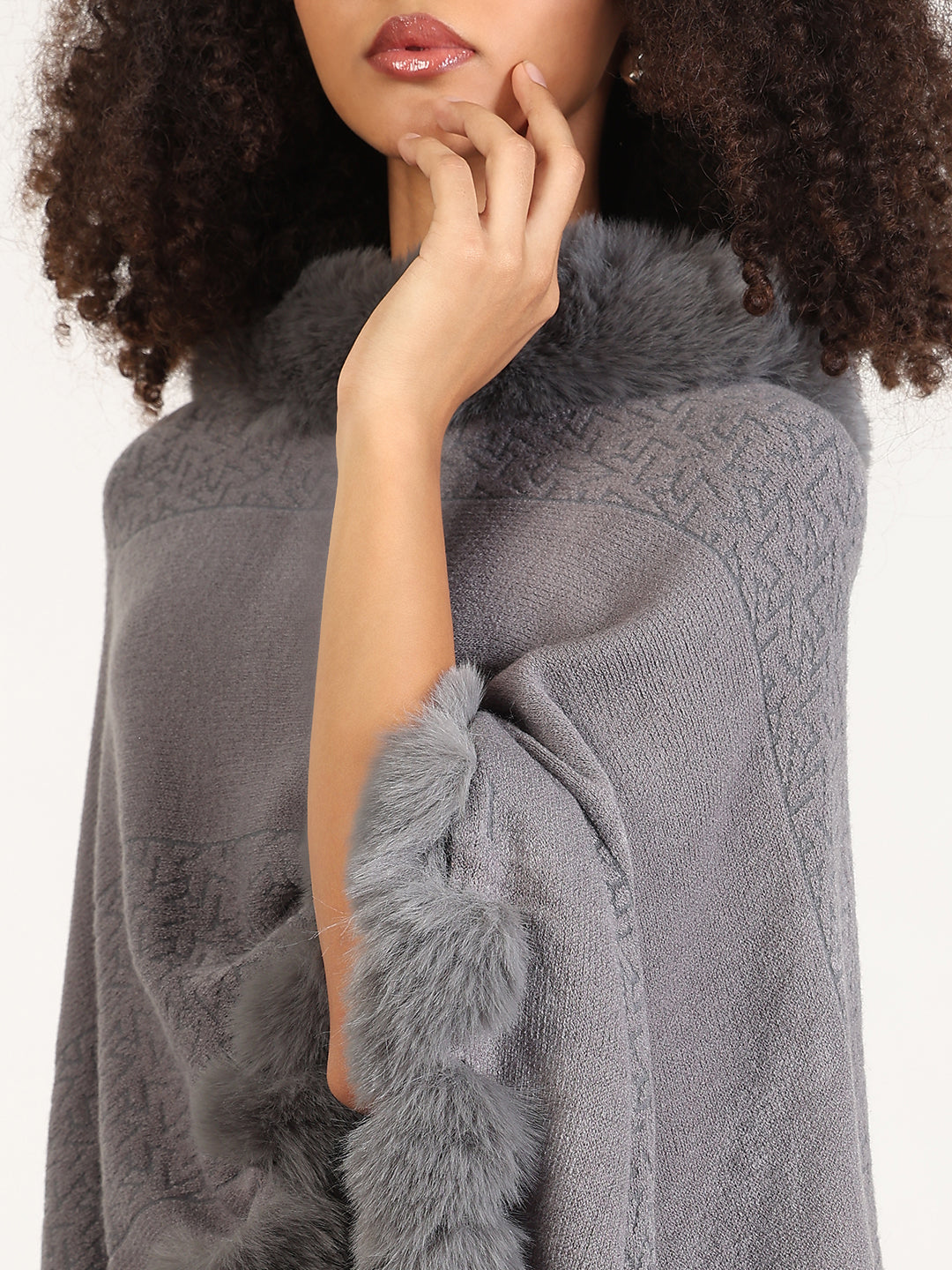 Women's Solid Grey Asymmetric Poncho