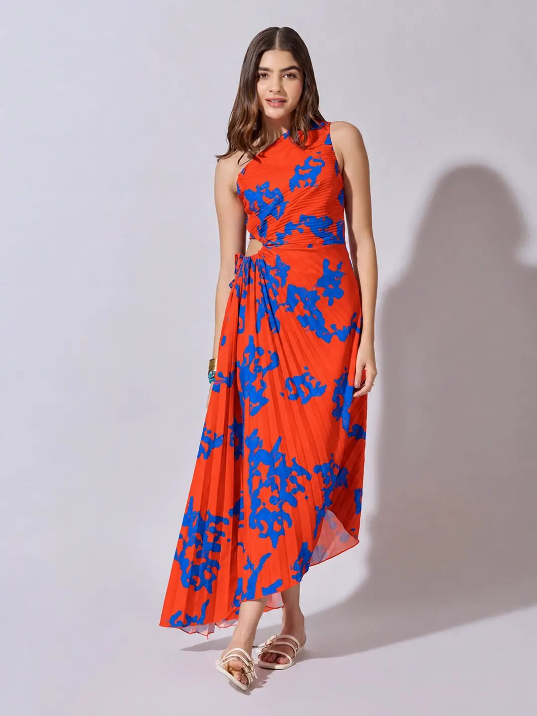 Women's Abstract Orange One Shoulder Dress with Tie Waist
