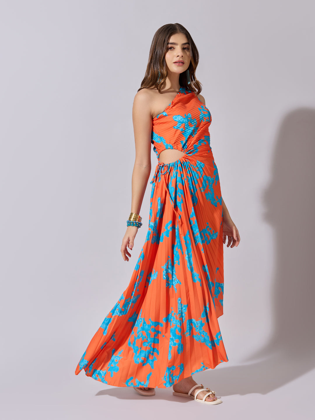 Women's Abstract Orange One Shoulder Dress with Tie Waist