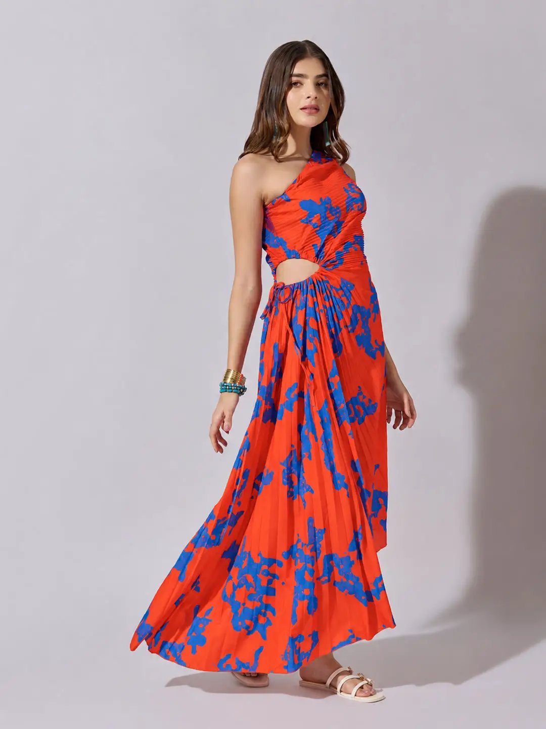 Women's Abstract Orange One Shoulder Dress with Tie Waist