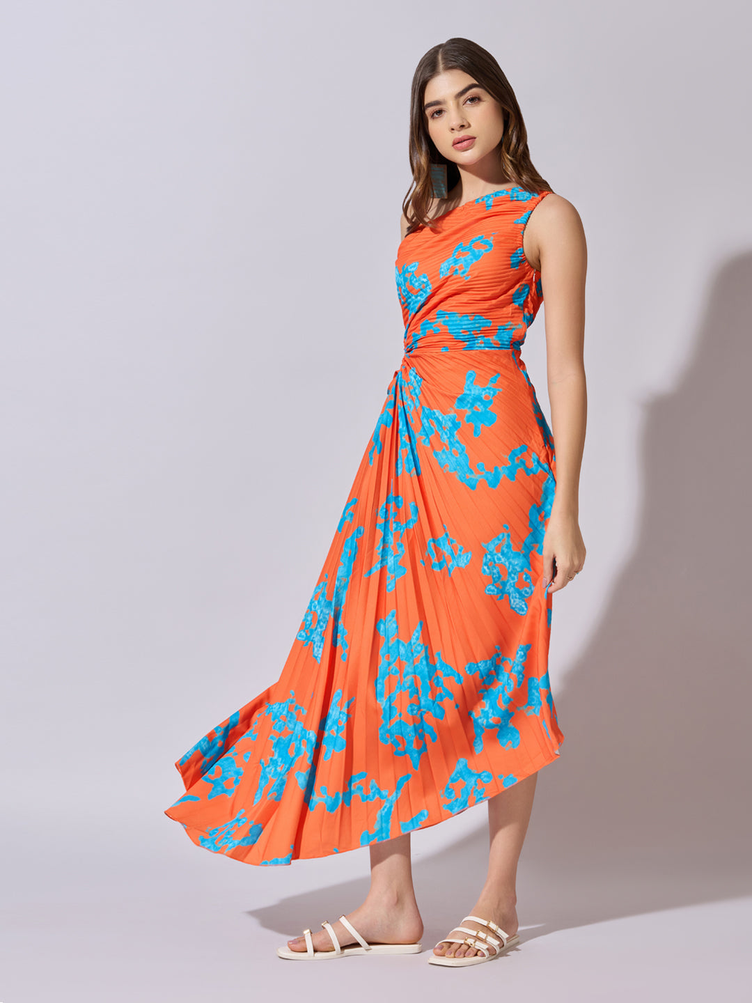Women's Abstract Orange One Shoulder Dress with Tie Waist