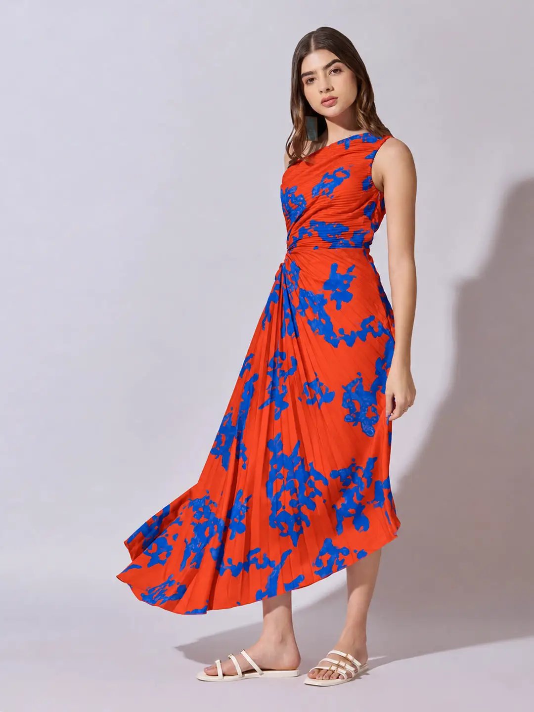 Women's Abstract Orange One Shoulder Dress with Tie Waist