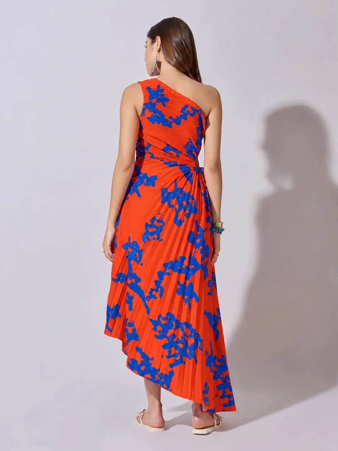 Women's Abstract Orange One Shoulder Dress with Tie Waist