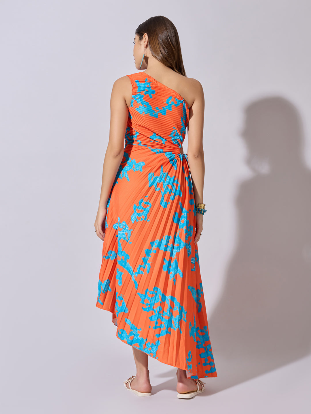 Women's Abstract Orange One Shoulder Dress with Tie Waist