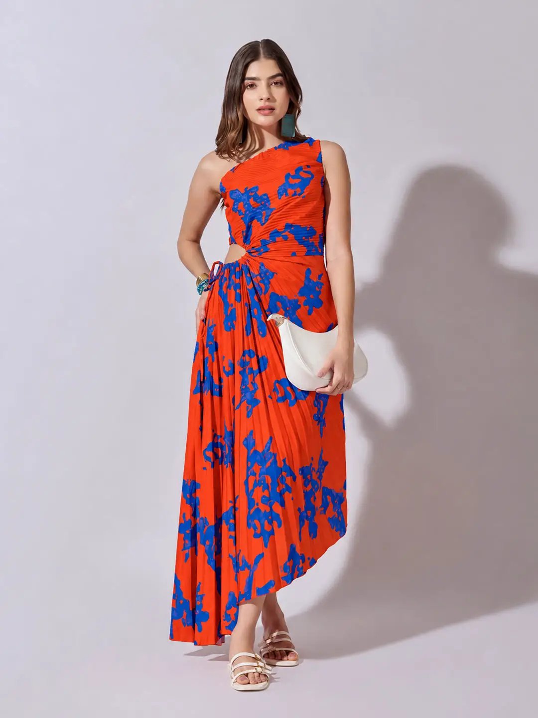 Women's Abstract Orange One Shoulder Dress with Tie Waist