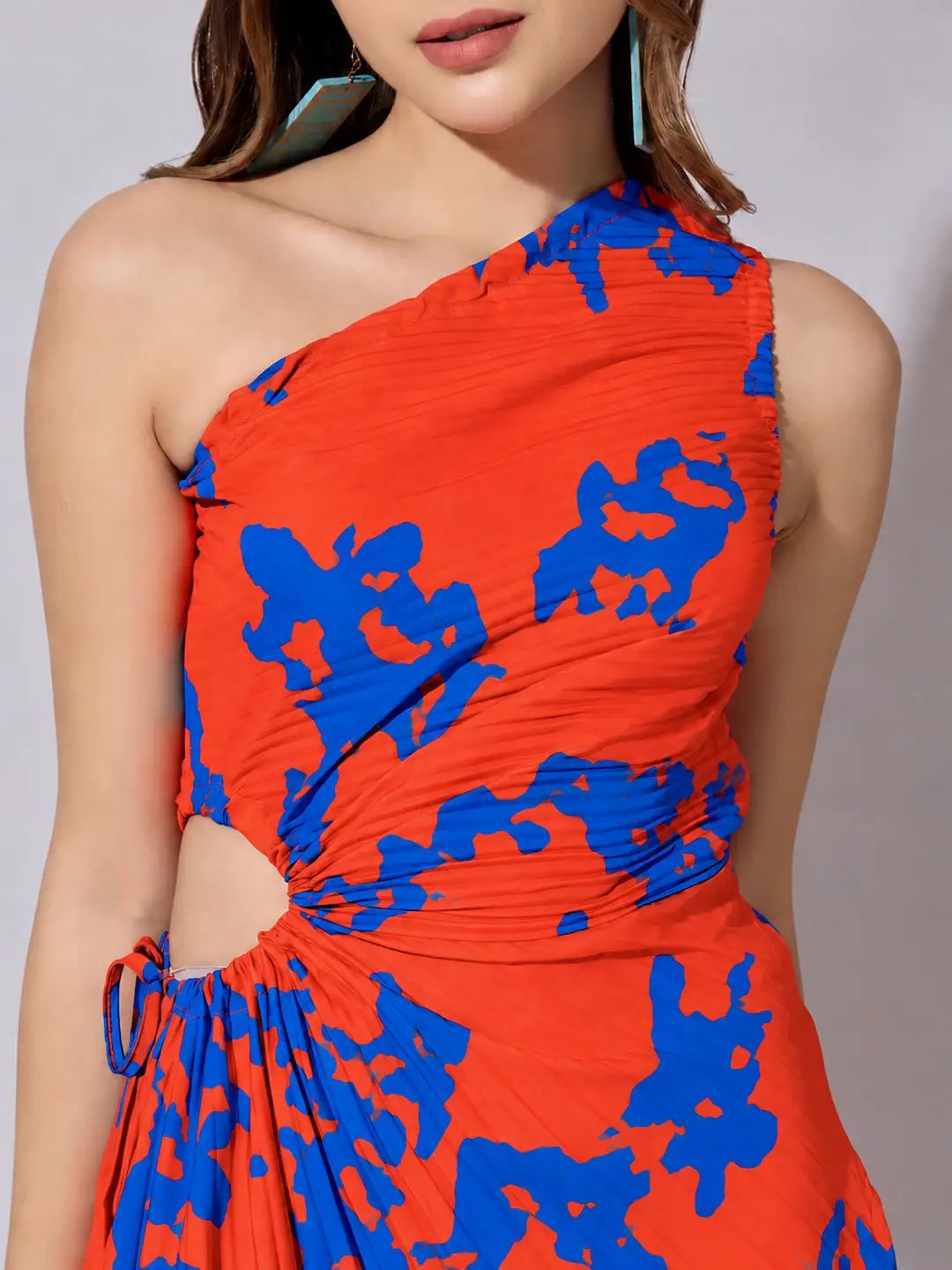 Women's Abstract Orange One Shoulder Dress with Tie Waist