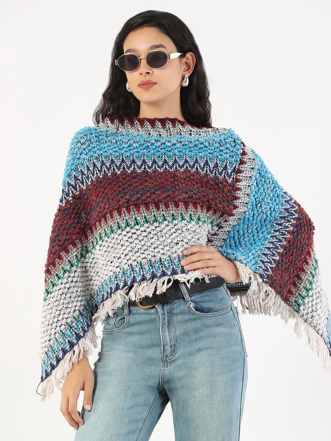 Women Round Neck Striped Multi Colored Poncho