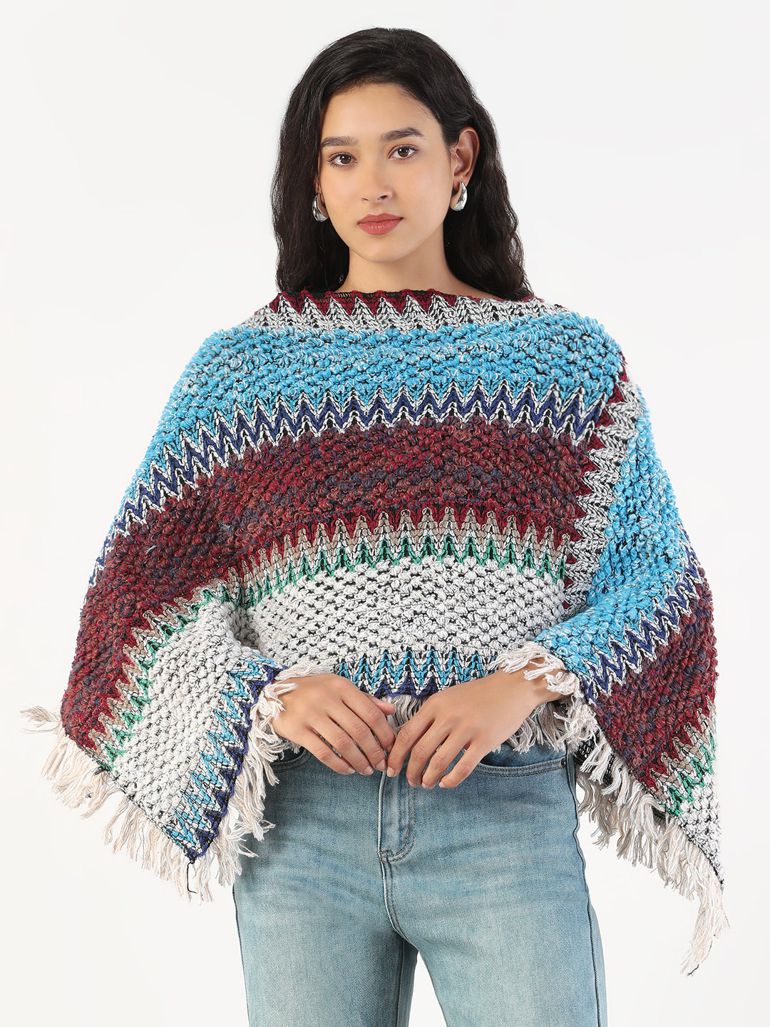 Women Round Neck Striped Multi Colored Poncho