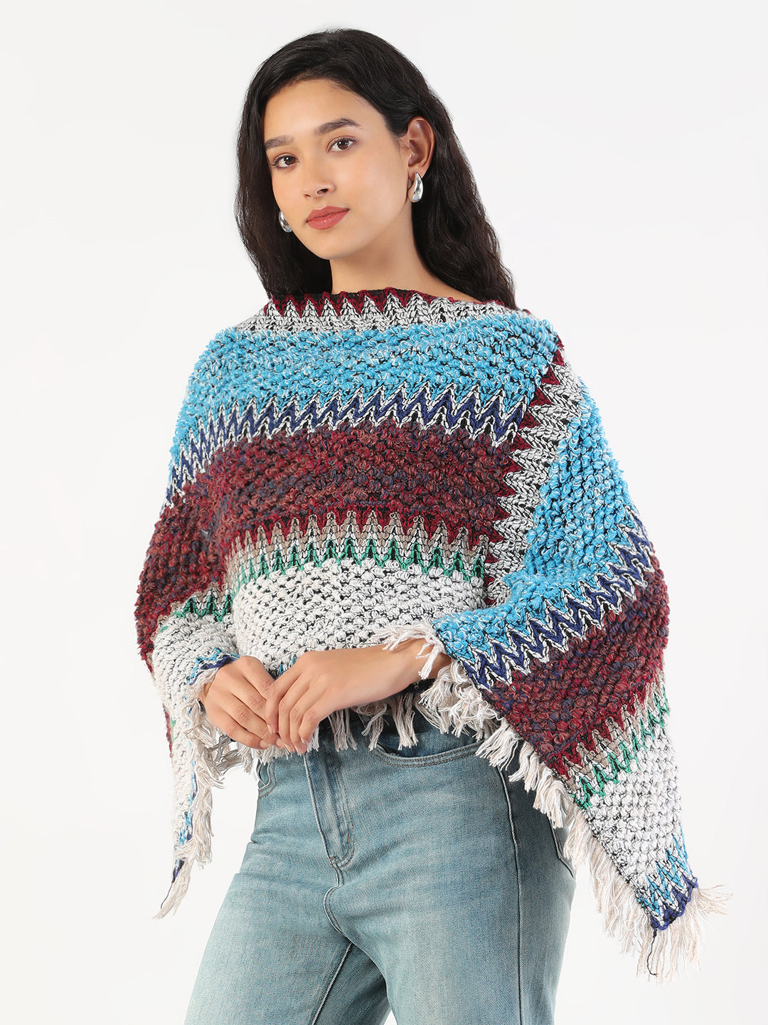 Women Round Neck Striped Multi Colored Poncho