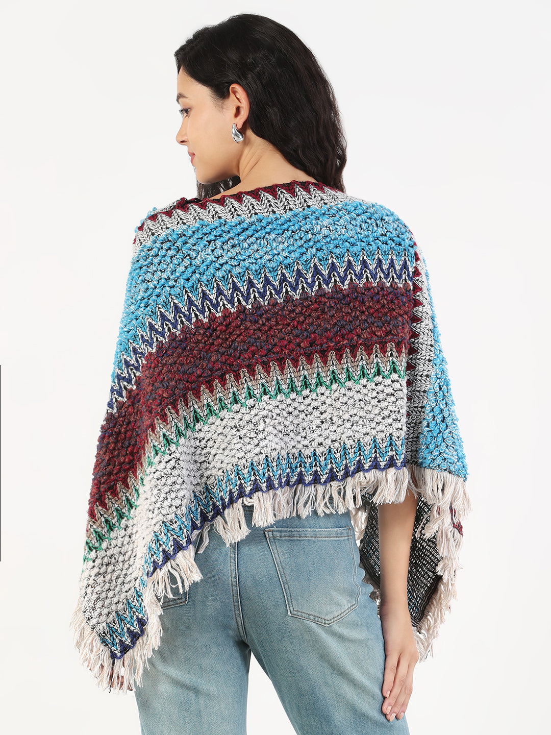 Women Round Neck Striped Multi Colored Poncho