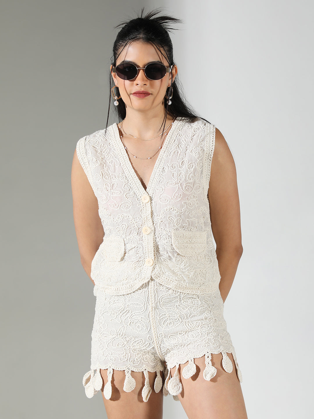 Buy Women's Embroidered Cream Vest Top with Mini Shorts Co