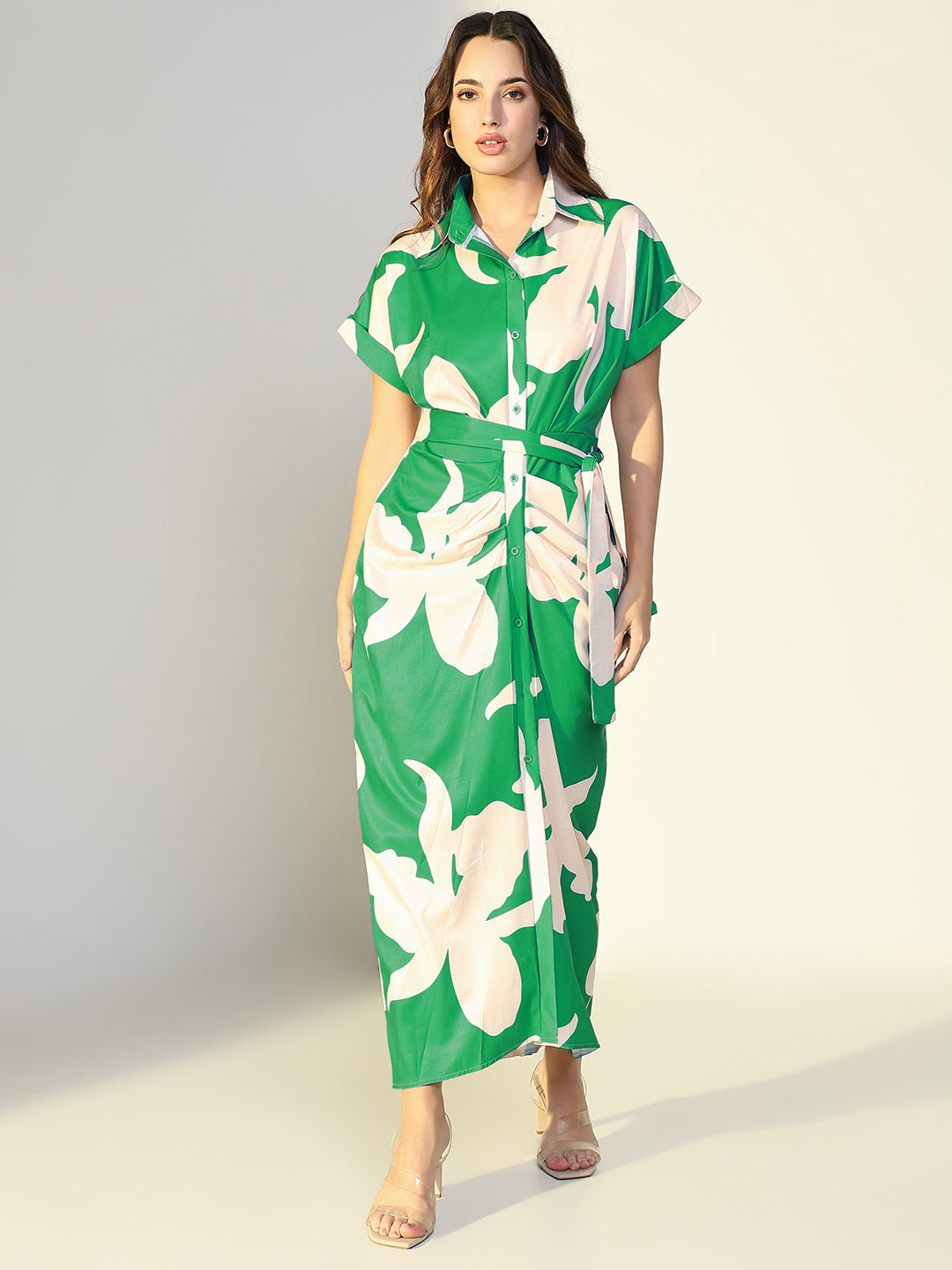 Women Green Floral Shirt Dress