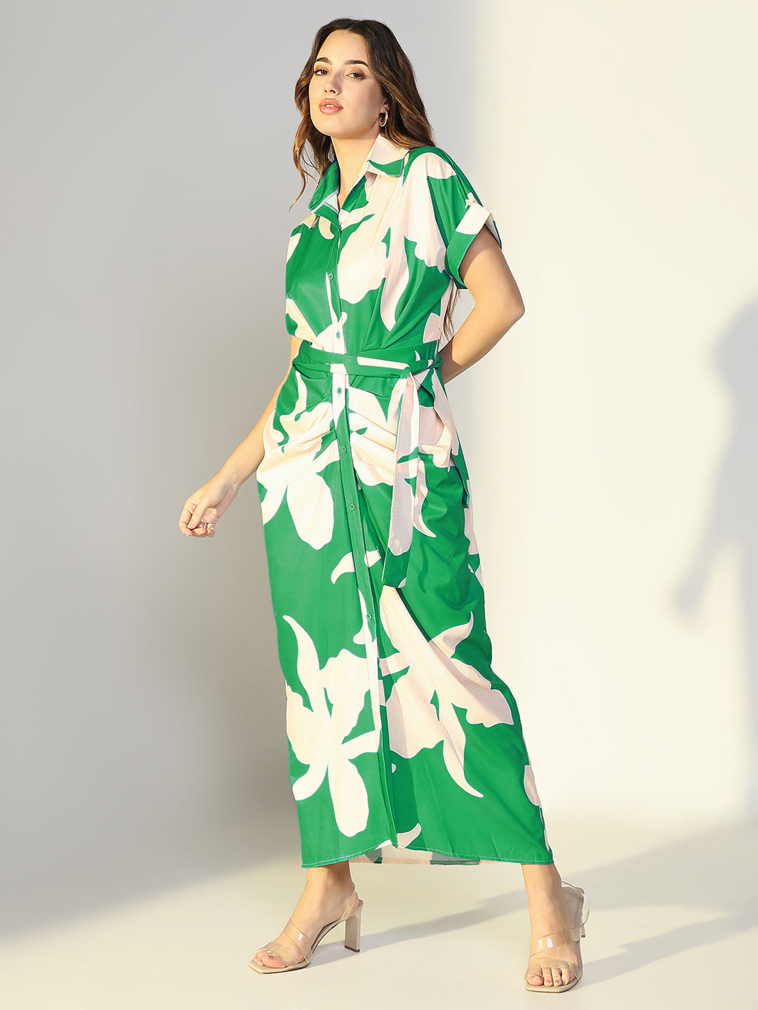 Women Green Floral Shirt Dress