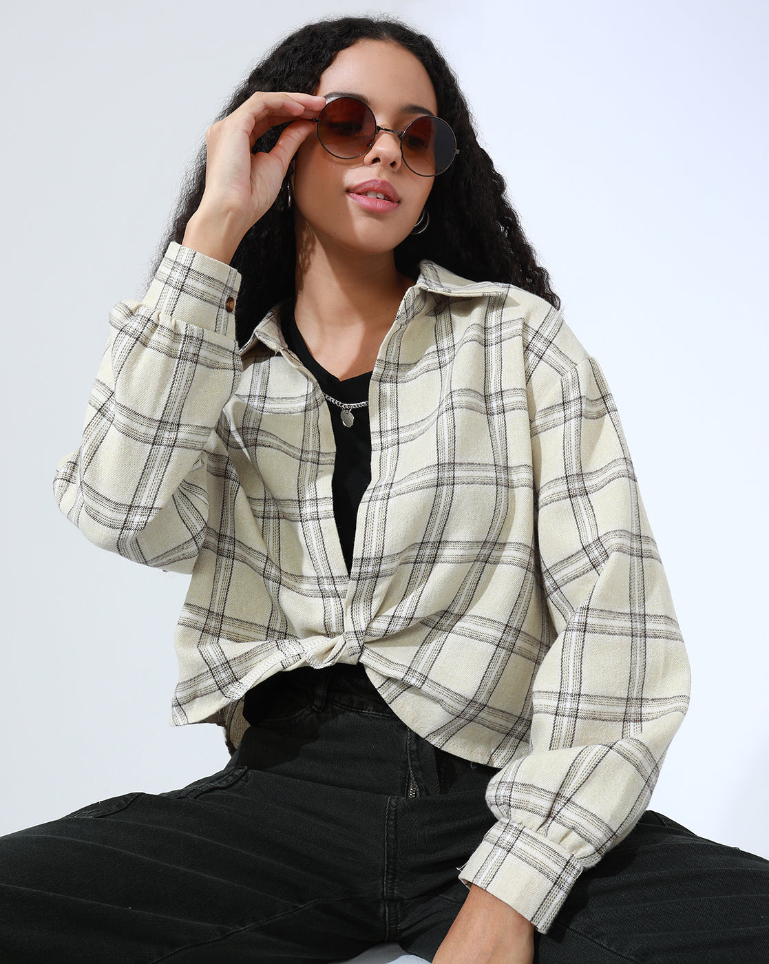 Women's Tartan Checks Cream Shirt Style Crop Top with Inner Tank Top & Chain