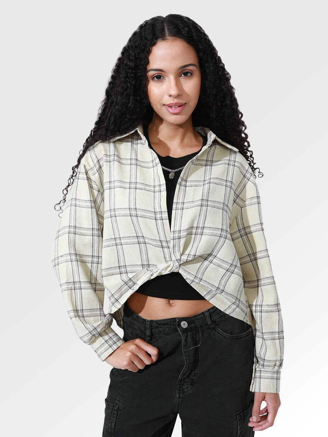 Women's Tartan Checks Cream Shirt Style Crop Top with Inner Tank Top & Chain