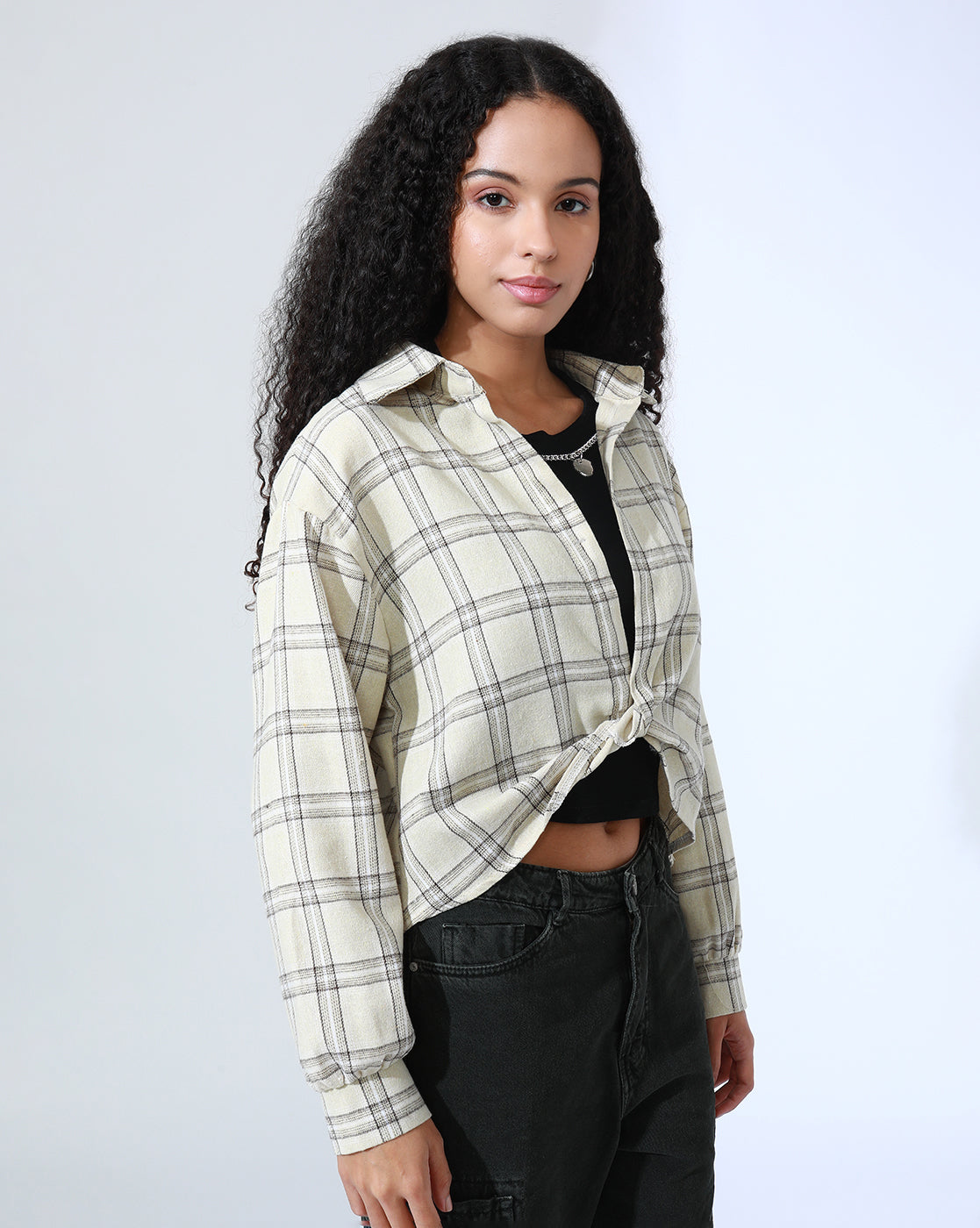 Women's Tartan Checks Cream Shirt Style Crop Top with Inner Tank Top & Chain