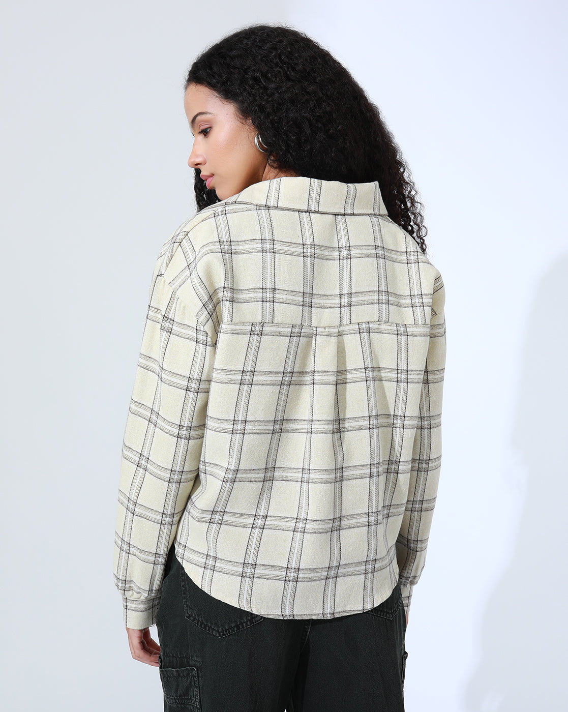 Women's Tartan Checks Cream Shirt Style Crop Top with Inner Tank Top & Chain
