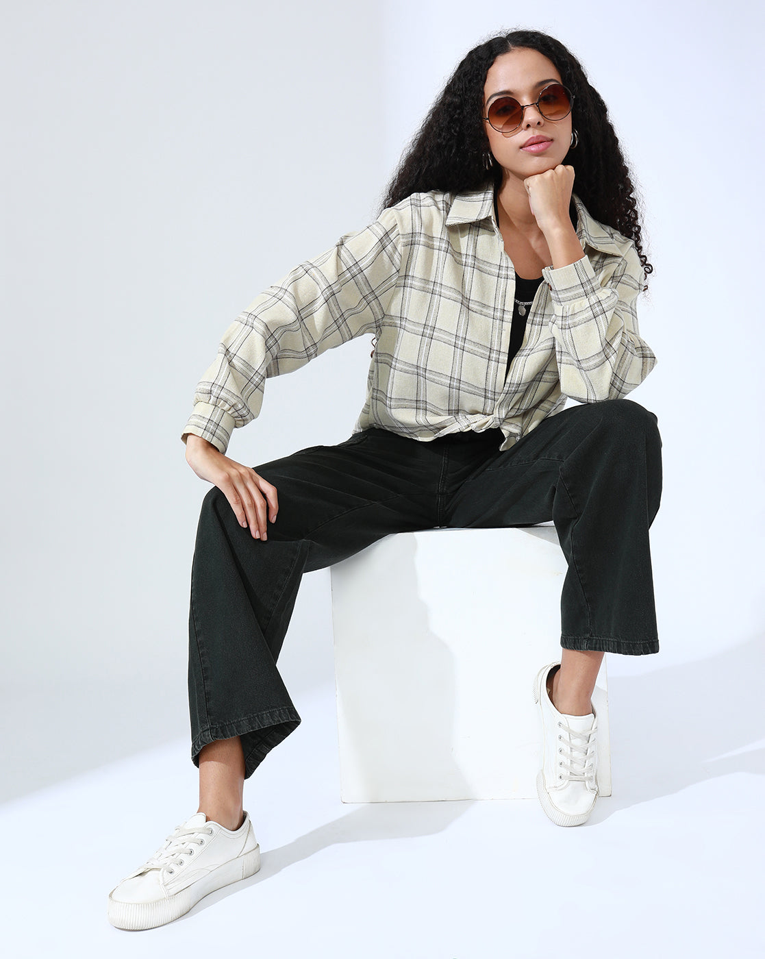 Women's Tartan Checks Cream Shirt Style Crop Top with Inner Tank Top & Chain