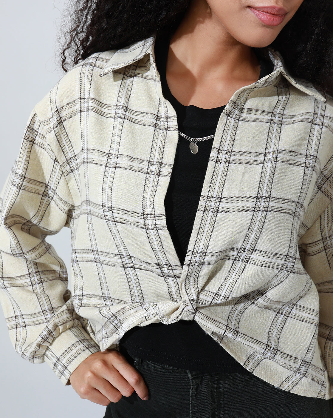 Women's Tartan Checks Cream Shirt Style Crop Top with Inner Tank Top & Chain