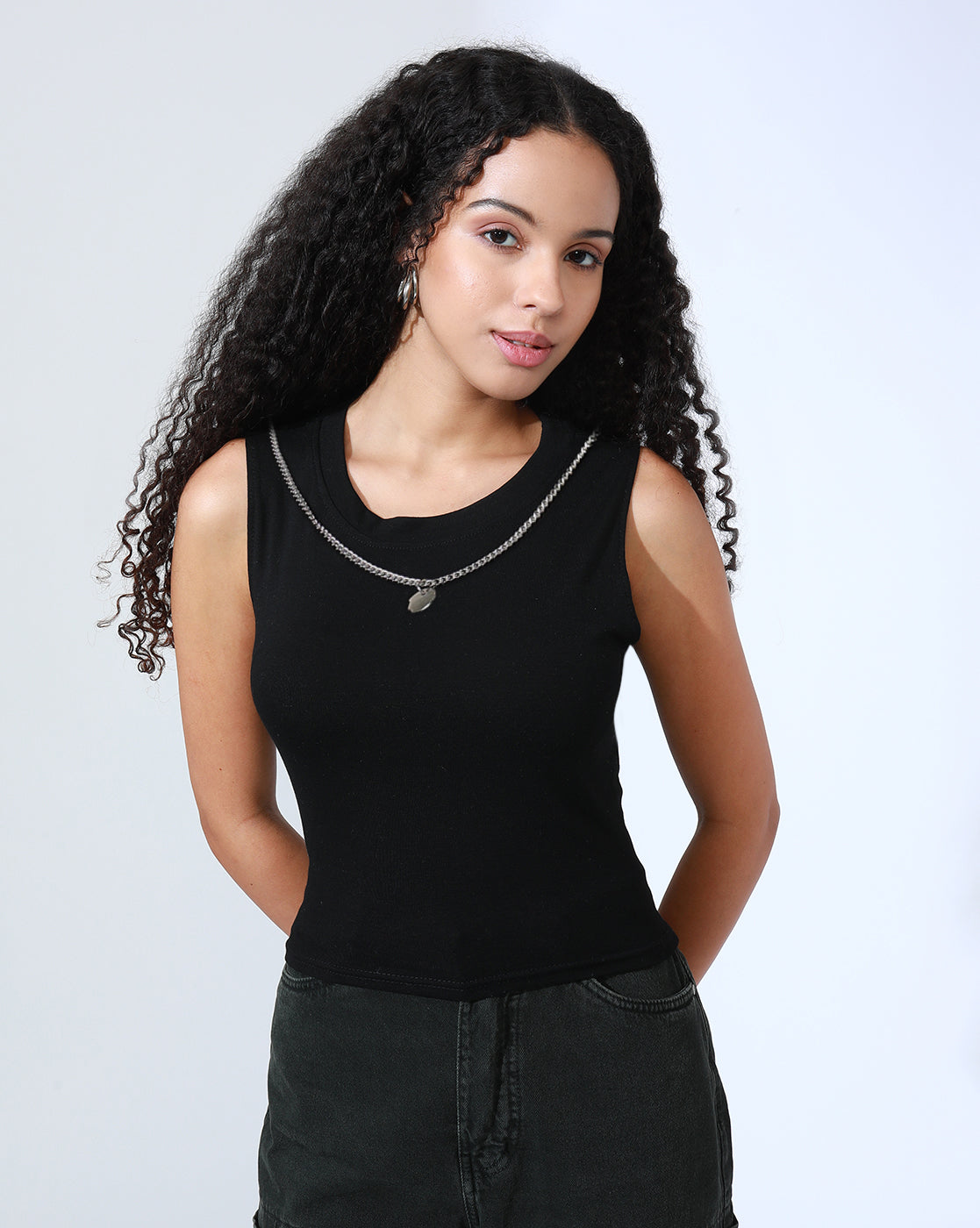 Women's Tartan Checks Cream Shirt Style Crop Top with Inner Tank Top & Chain