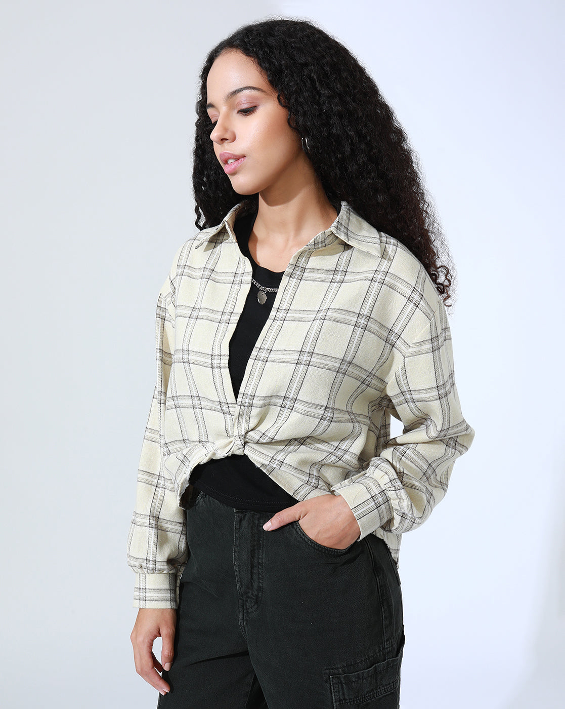 Women's Tartan Checks Cream Shirt Style Crop Top with Inner Tank Top & Chain