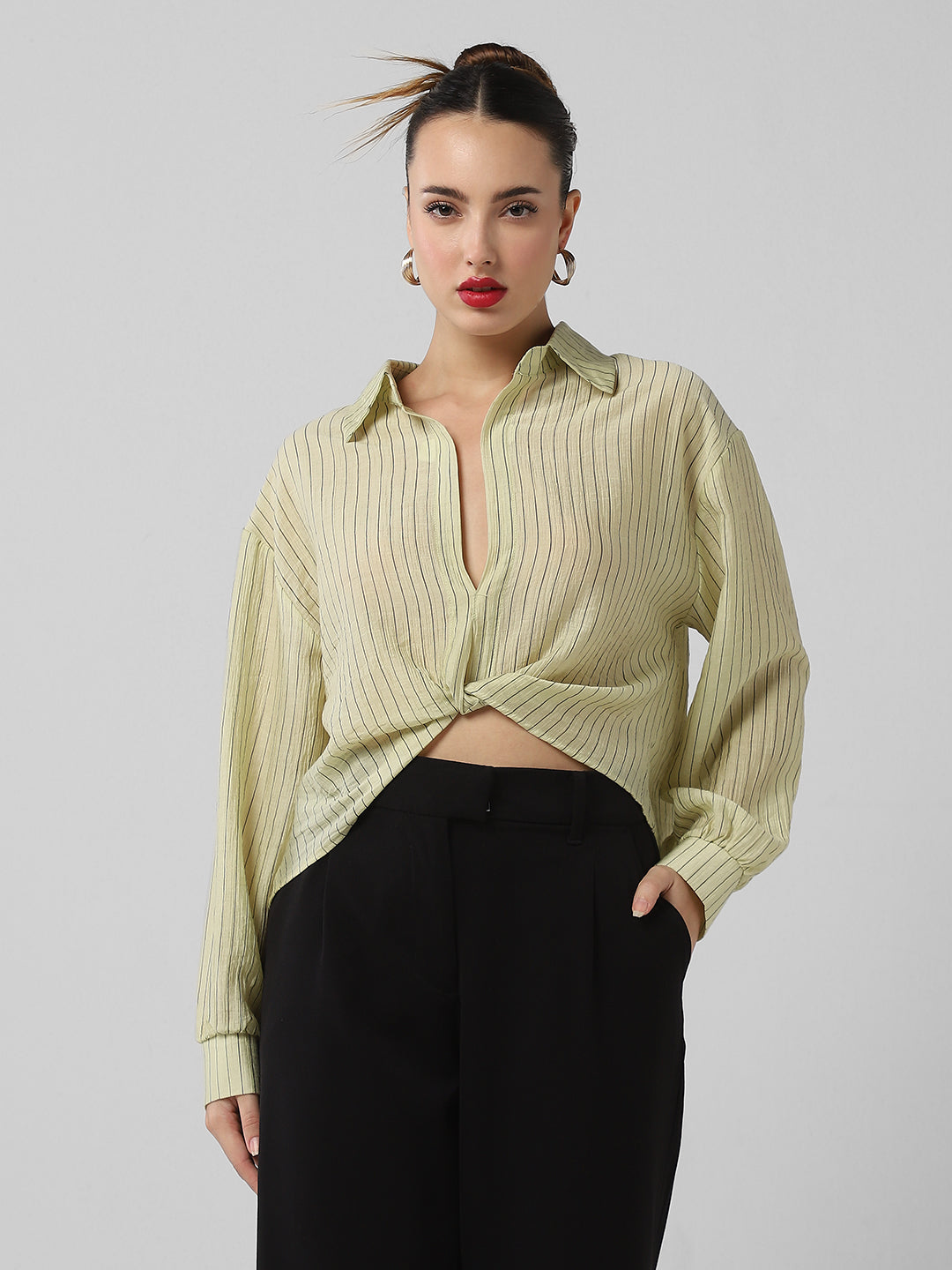 Women Green Striped Shirt Style Crop Top