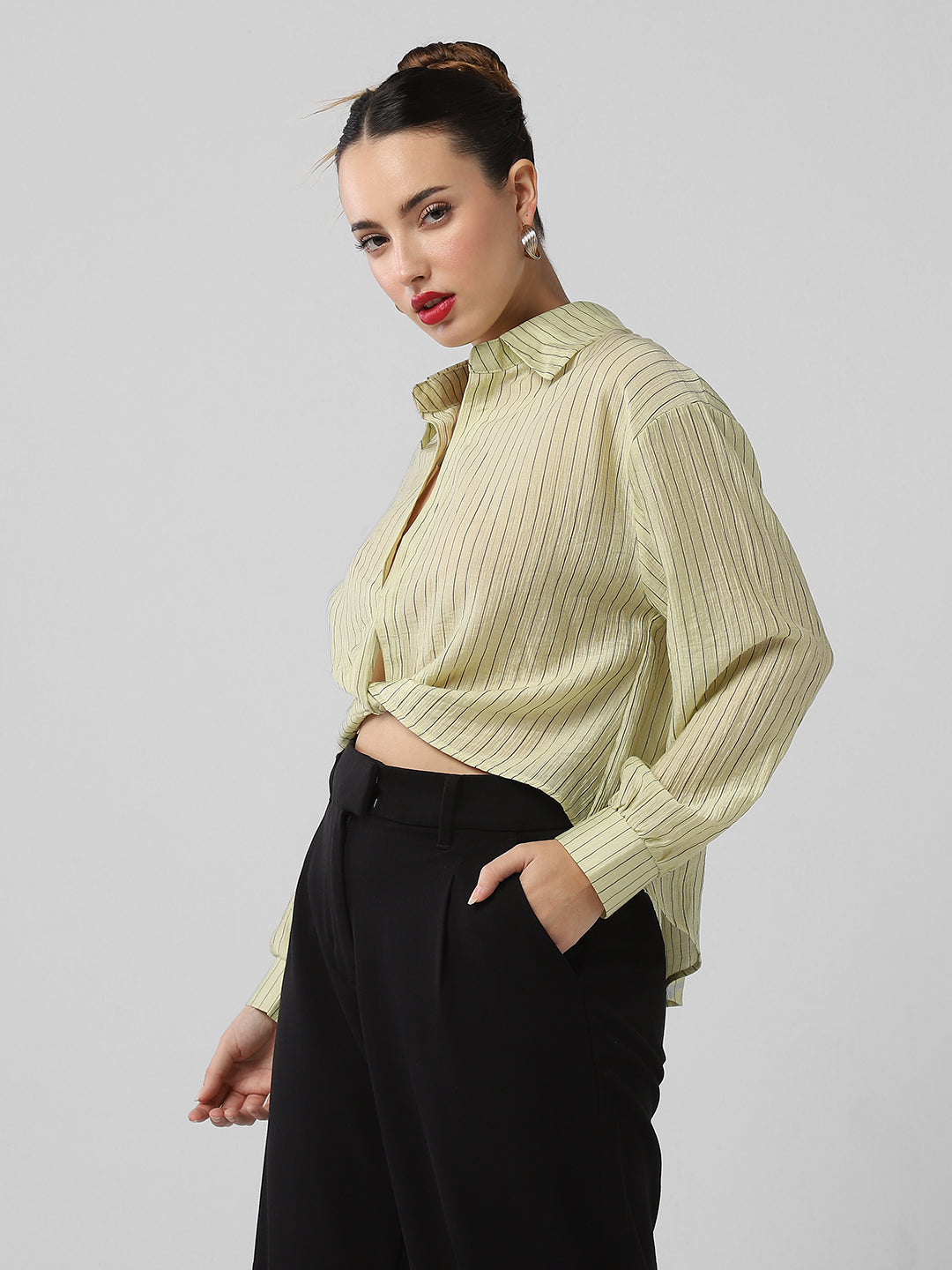 Women Green Striped Shirt Style Crop Top