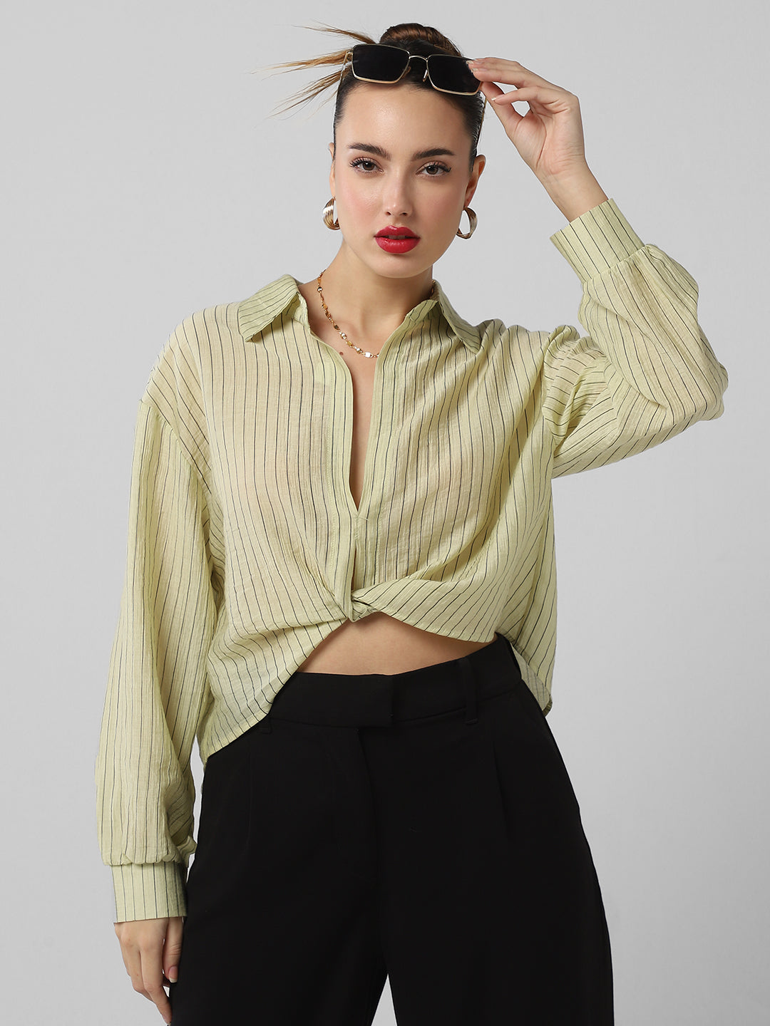 Women Green Striped Shirt Style Crop Top