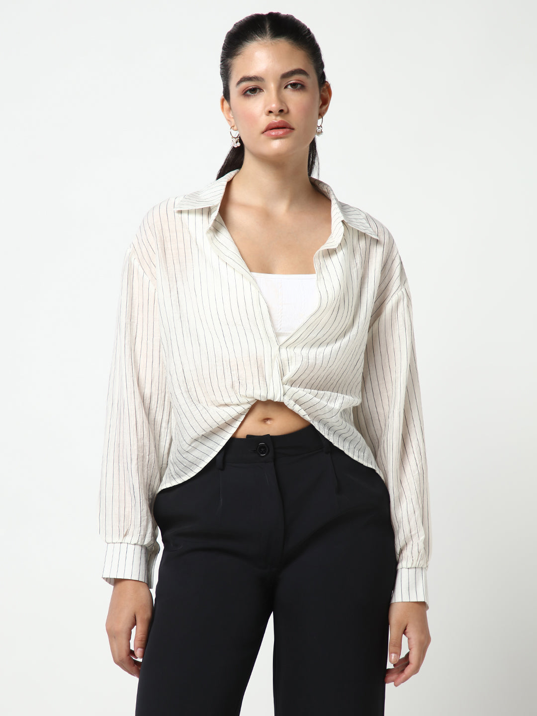 Women Off White Striped Shirt Style Crop Top