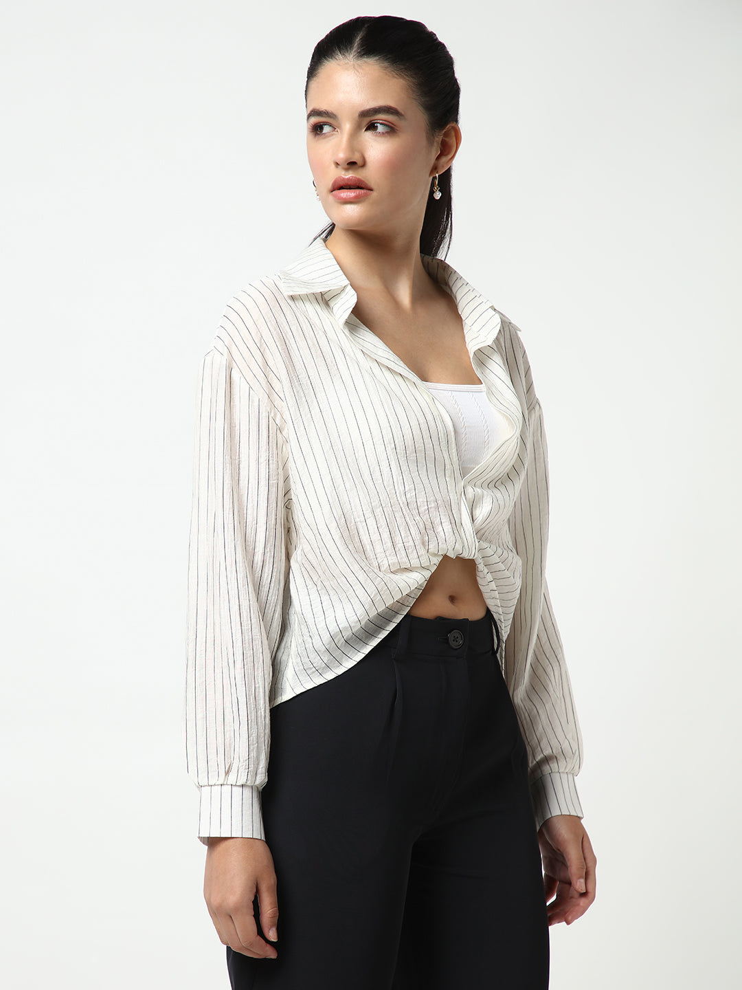 Women Off White Striped Shirt Style Crop Top