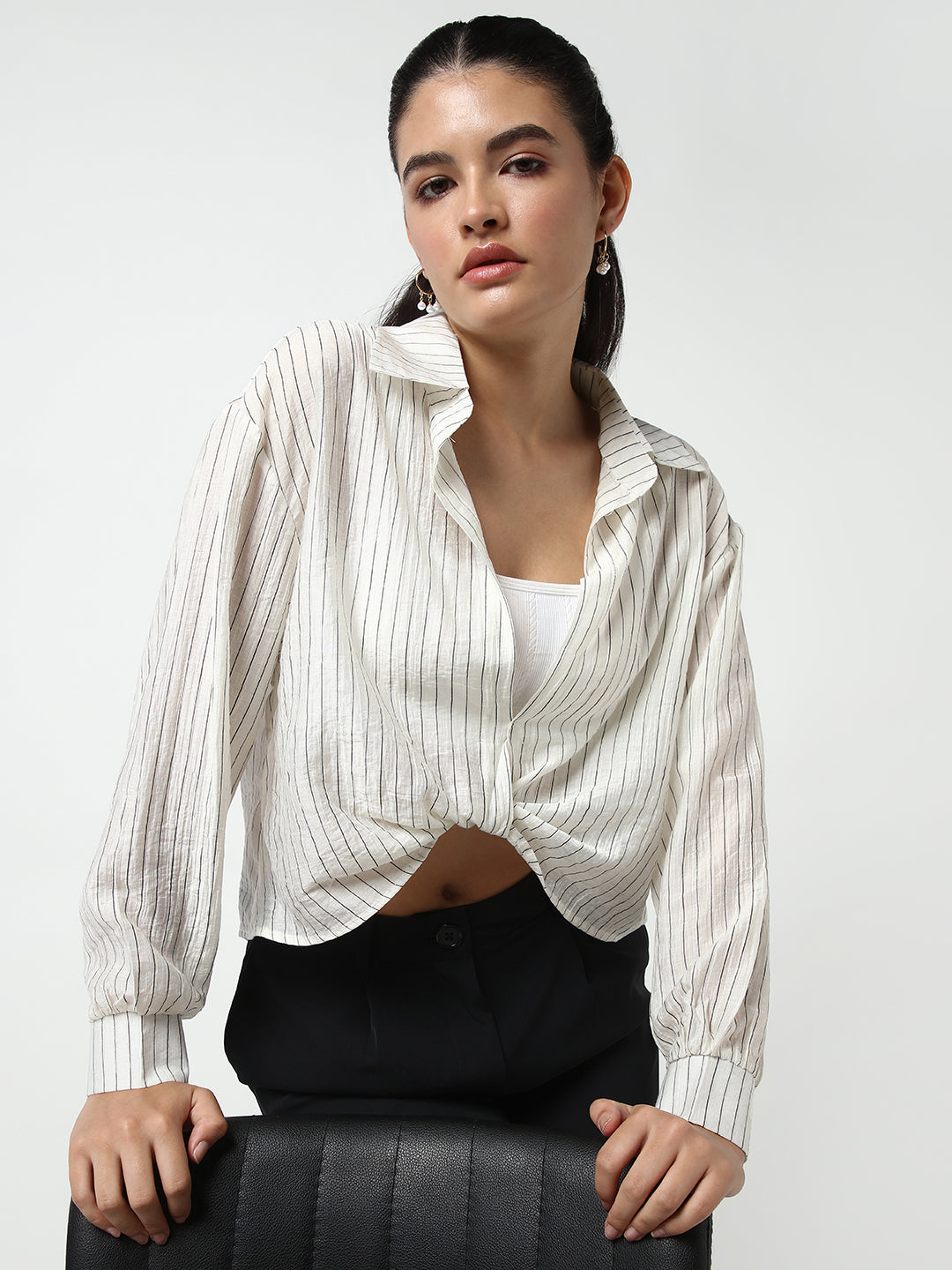 Women Off White Striped Shirt Style Crop Top