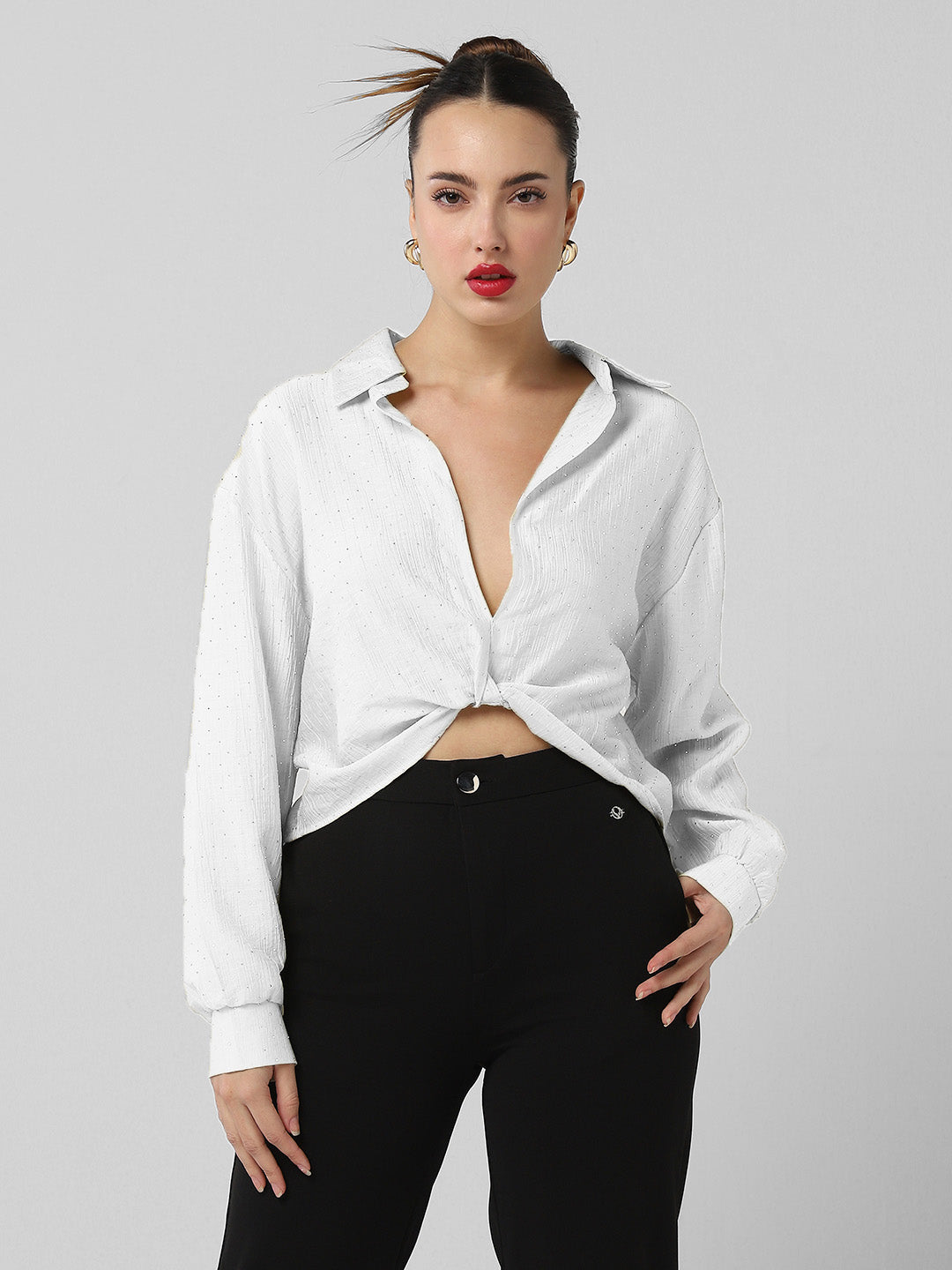 Women White Solid Shirt Style Crop Top