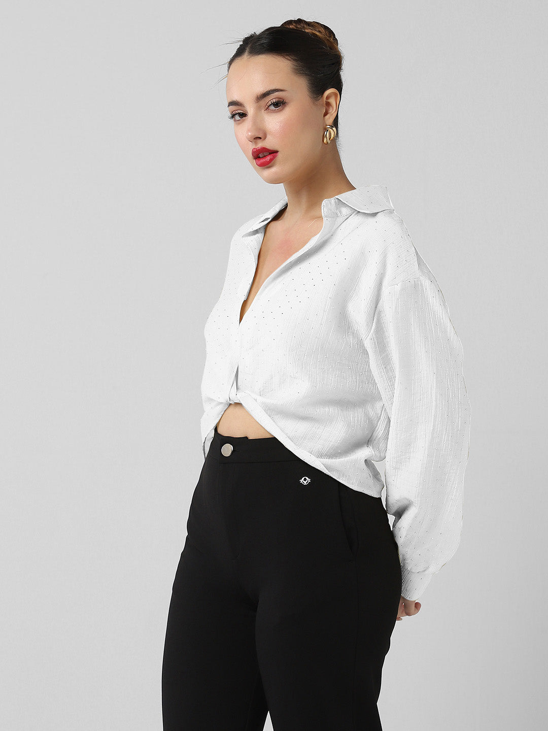 Women White Solid Shirt Style Crop Top