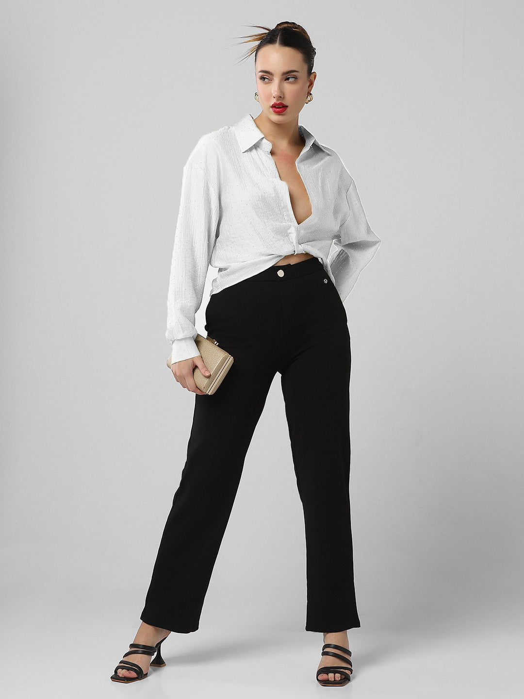 Women White Solid Shirt Style Crop Top