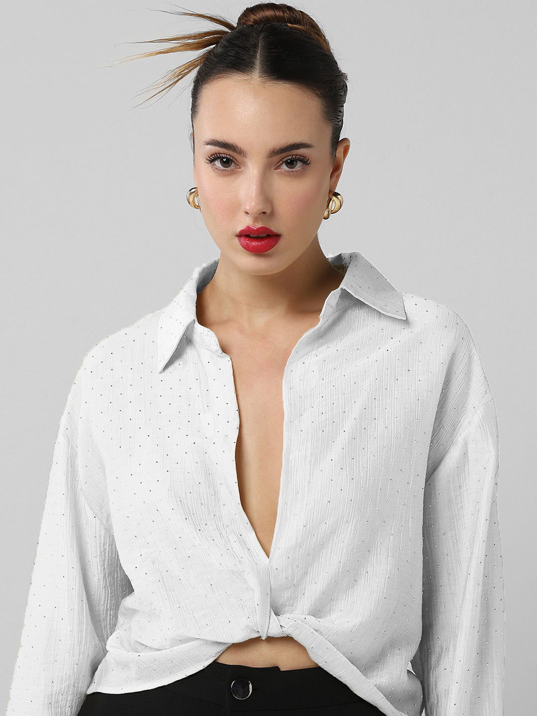 Women White Solid Shirt Style Crop Top