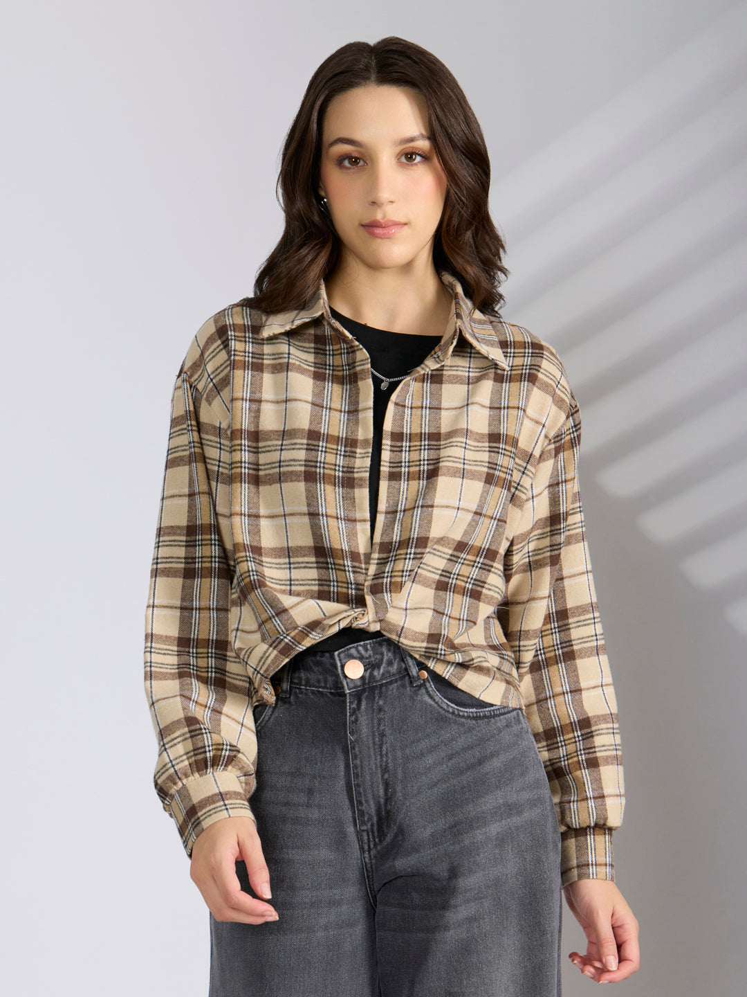 Women's Checked Beige Shirt Style Top with Chain