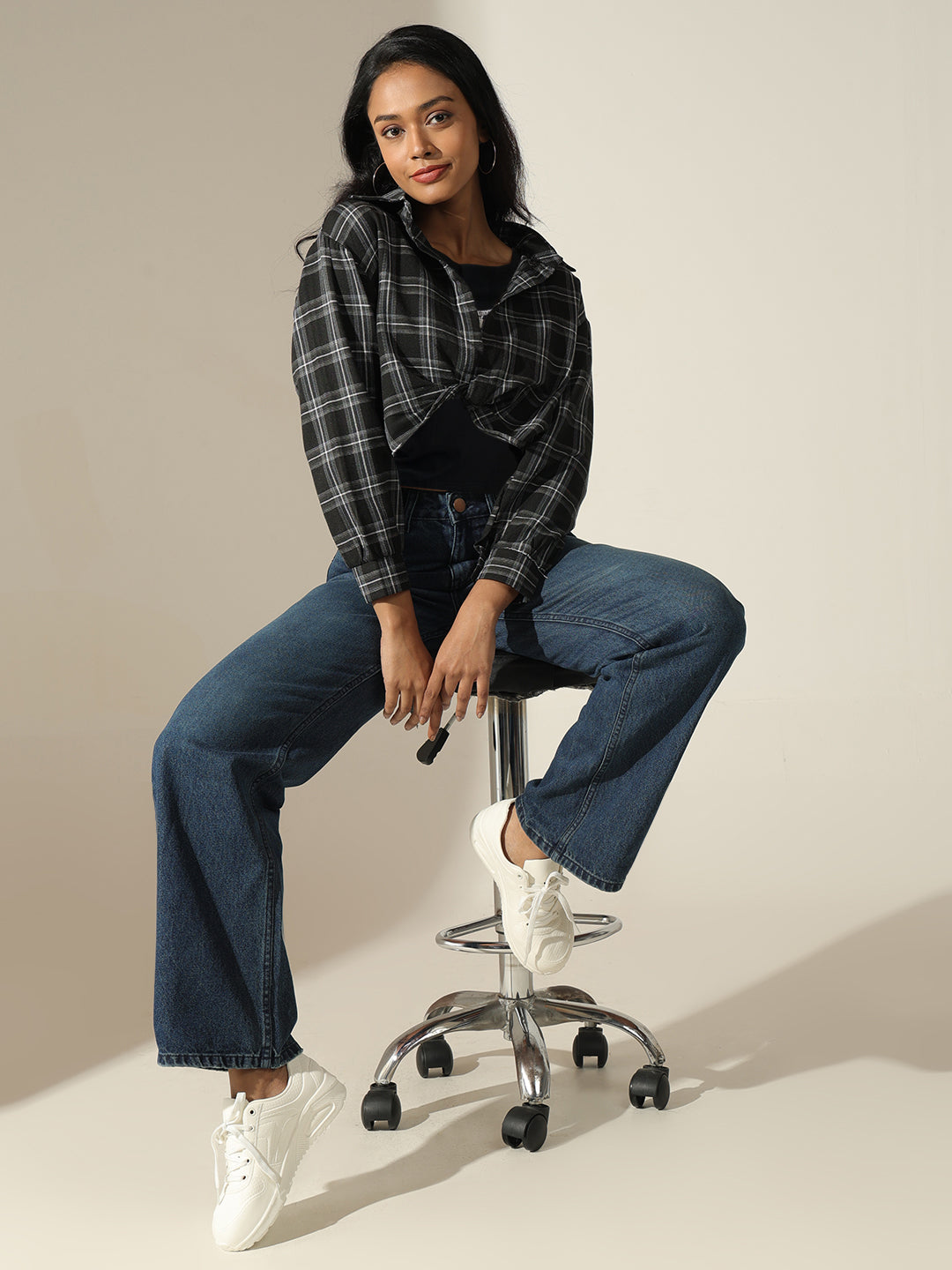 Women's Checked Black Shirt Style Top with Inner Tank Top & Chain