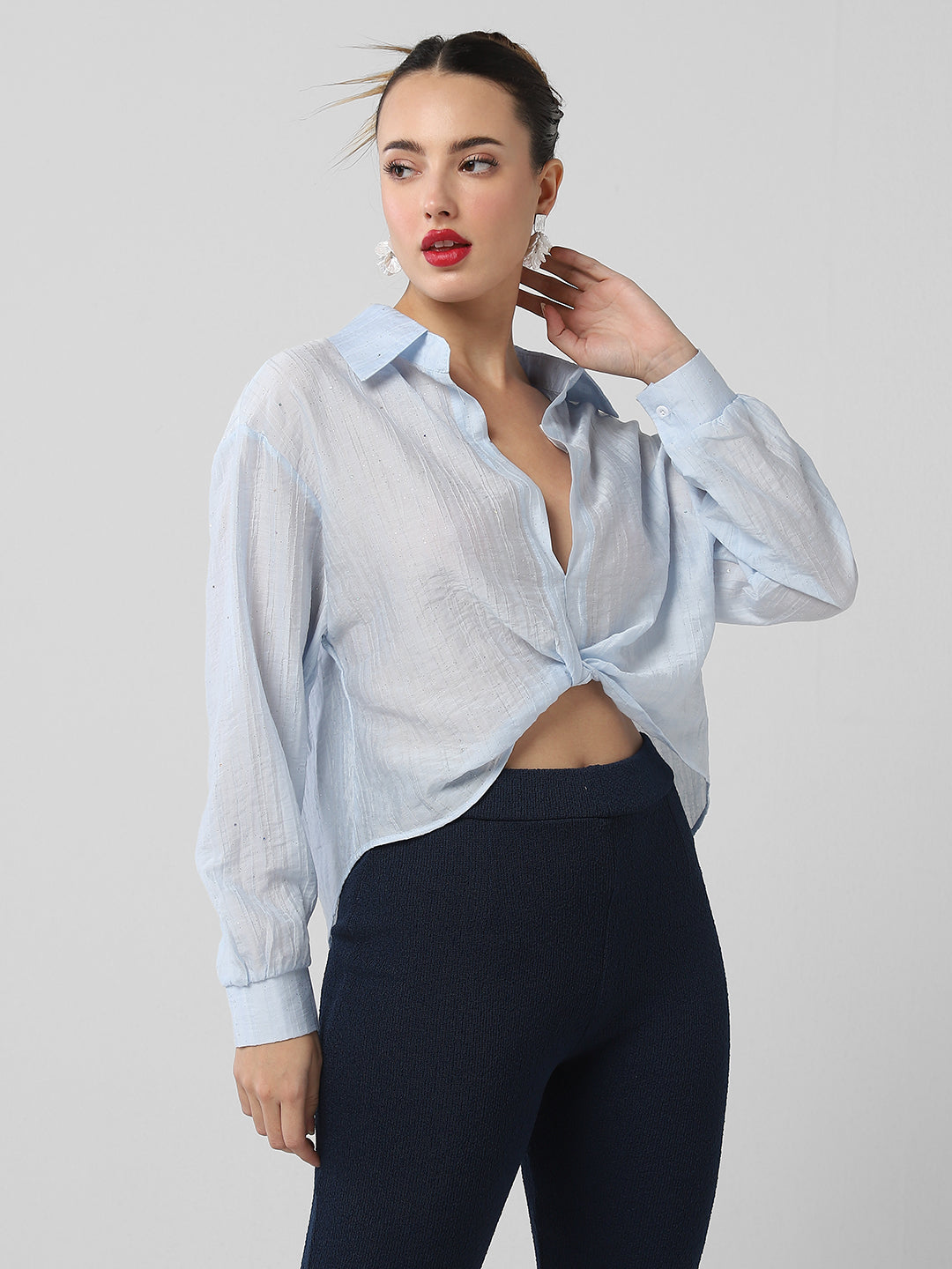 Women Blue Solid Shirt Style Crop Top