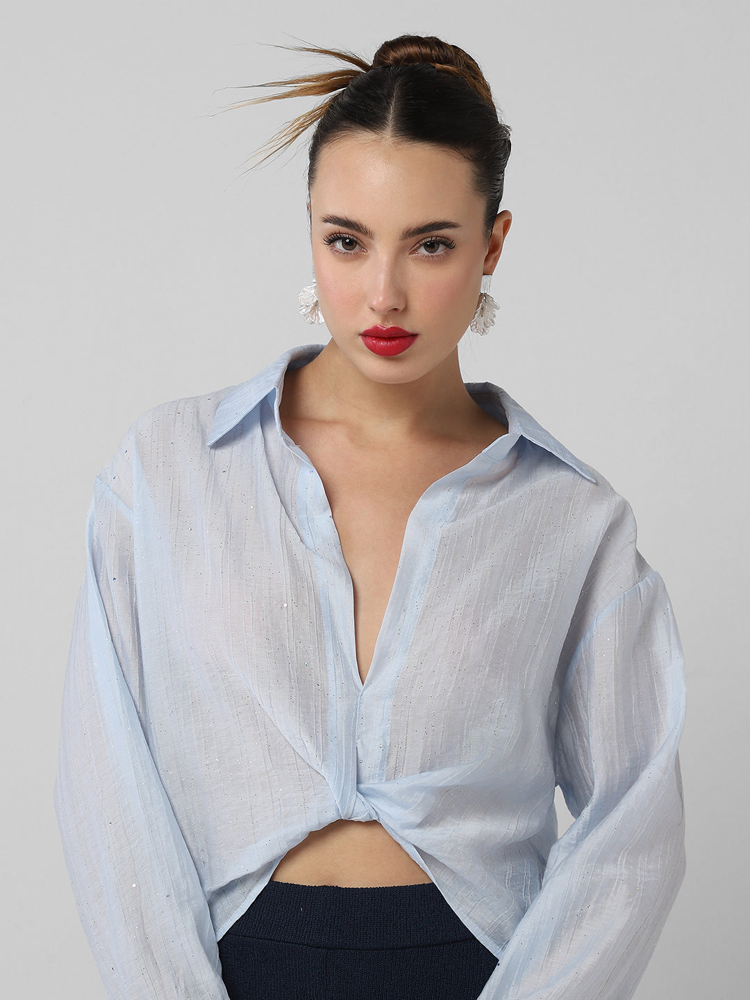 Women Blue Solid Shirt Style Crop Top