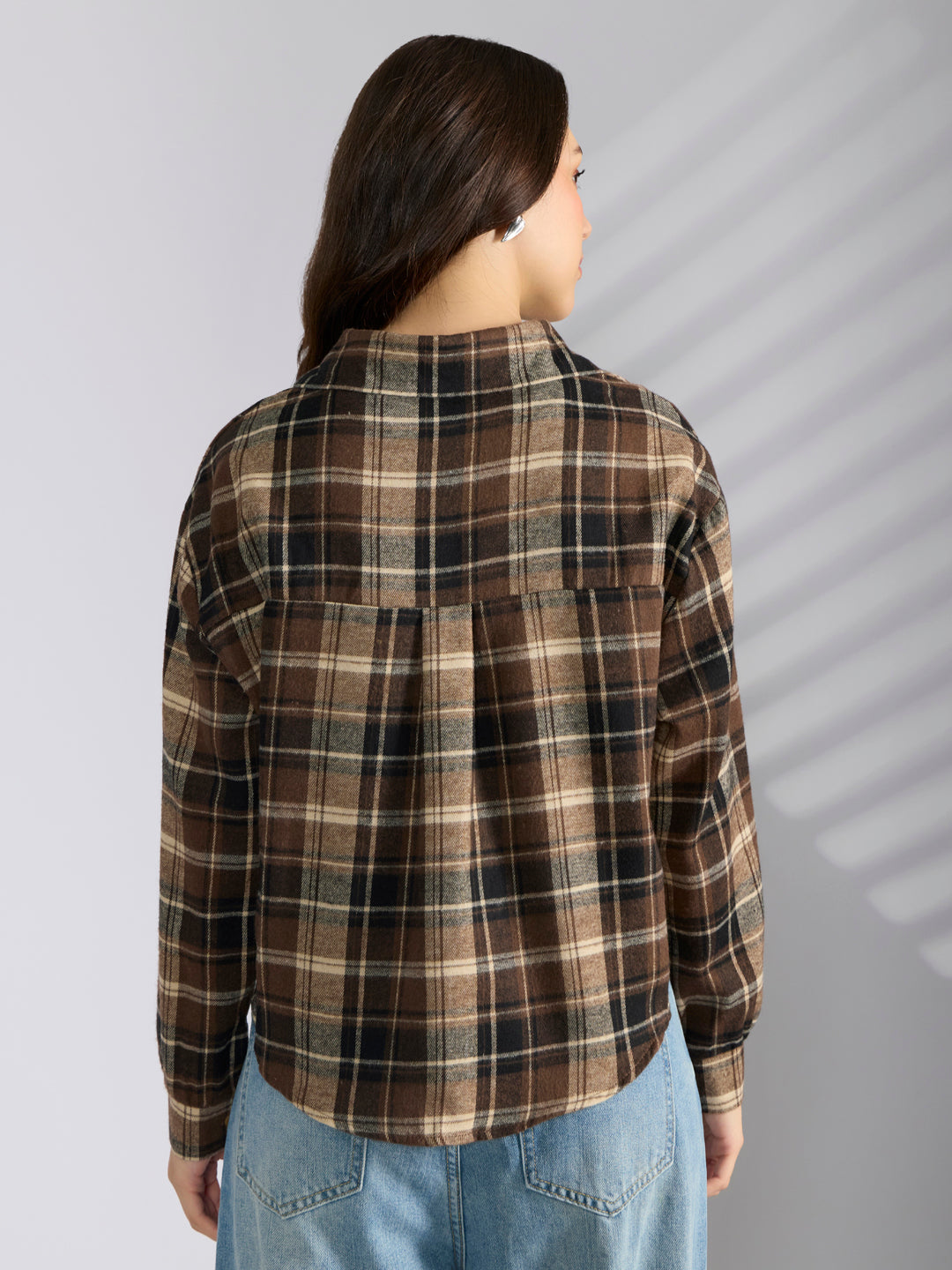 Women's Checked Brown Shirt Style Top with Chain