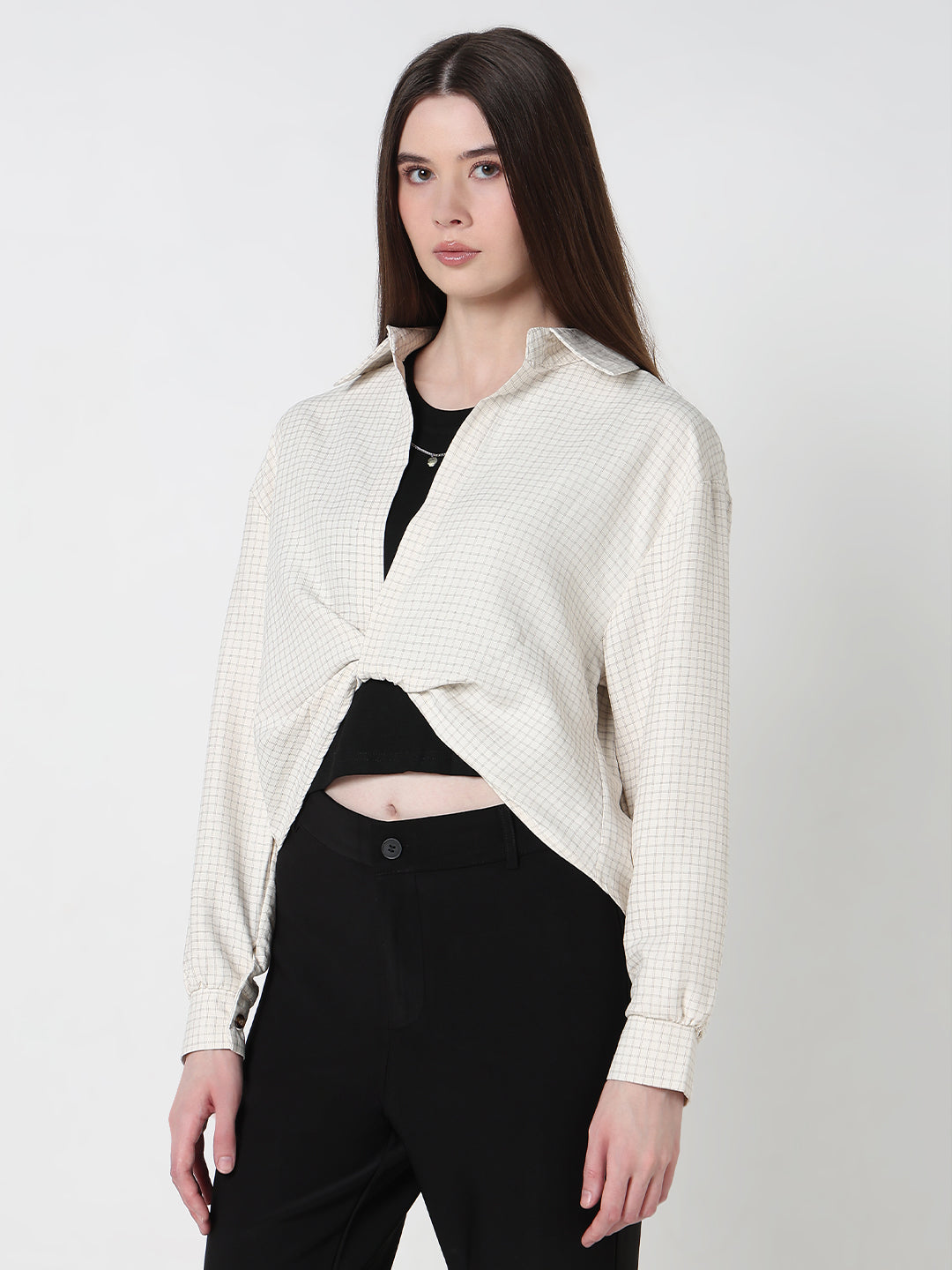 Women's Checked Cream Shirt Collar Crop Top with Inner Tank Top & Neck Chain