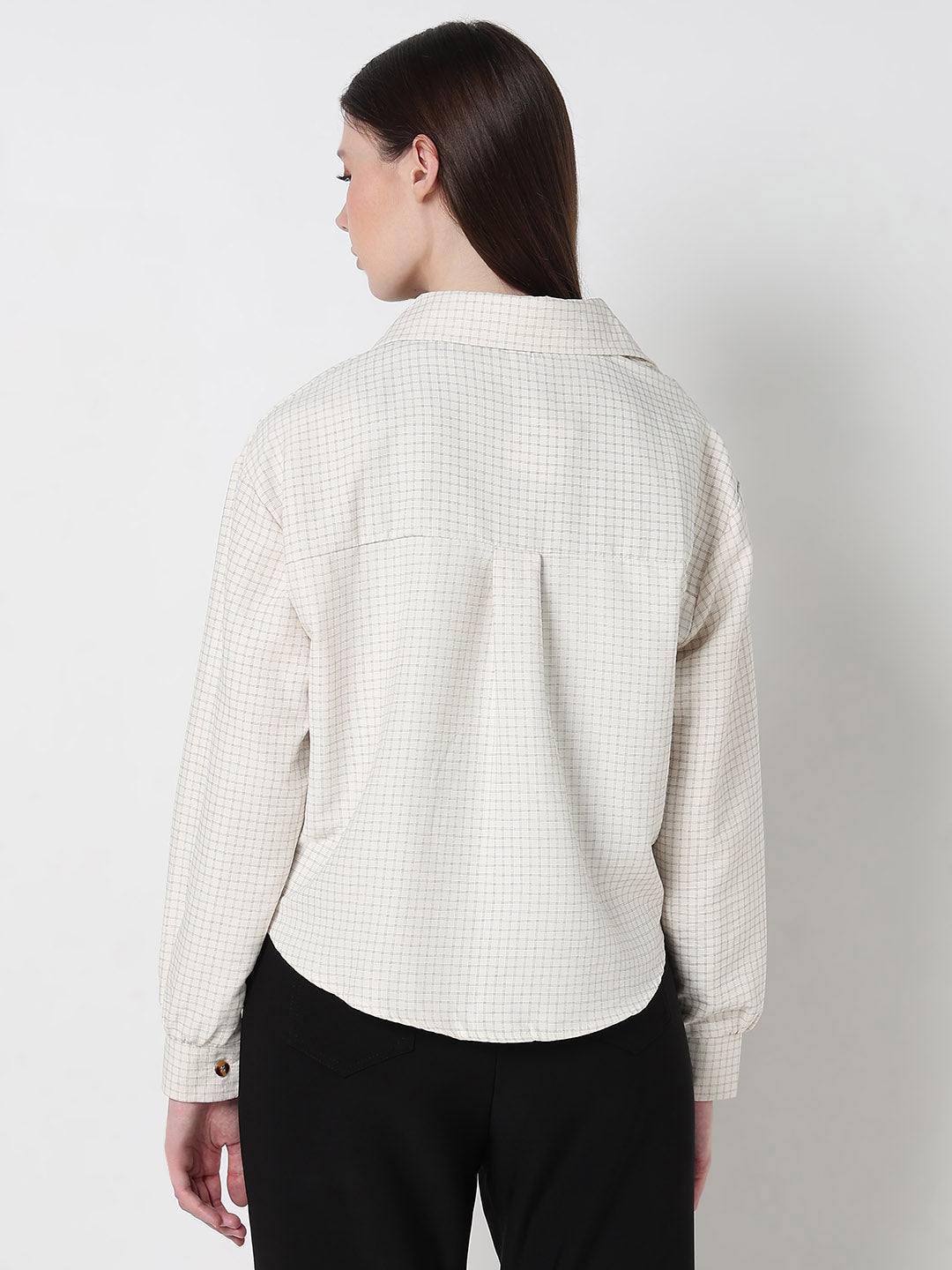 Women's Checked Cream Shirt Collar Crop Top with Inner Tank Top & Neck Chain