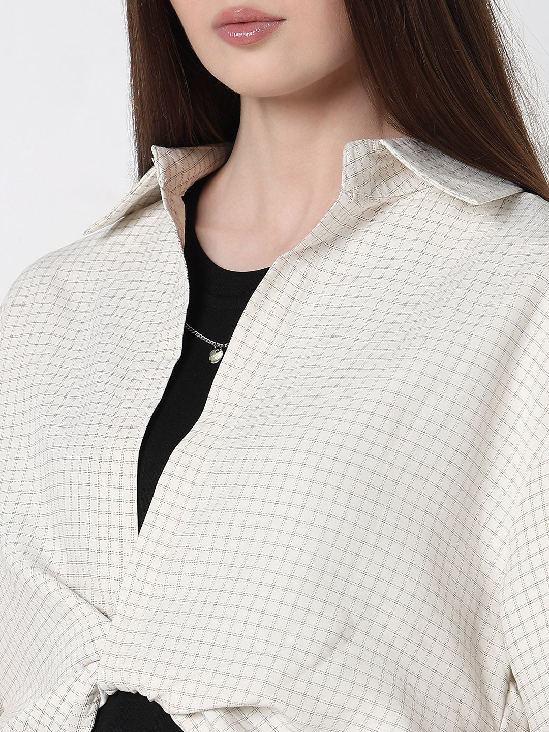 Women's Checked Cream Shirt Collar Crop Top with Inner Tank Top & Neck Chain