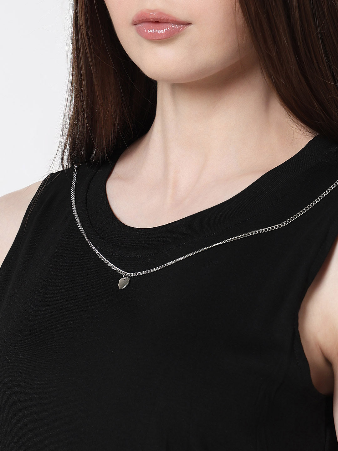 Women's Checked Cream Shirt Collar Crop Top with Inner Tank Top & Neck Chain