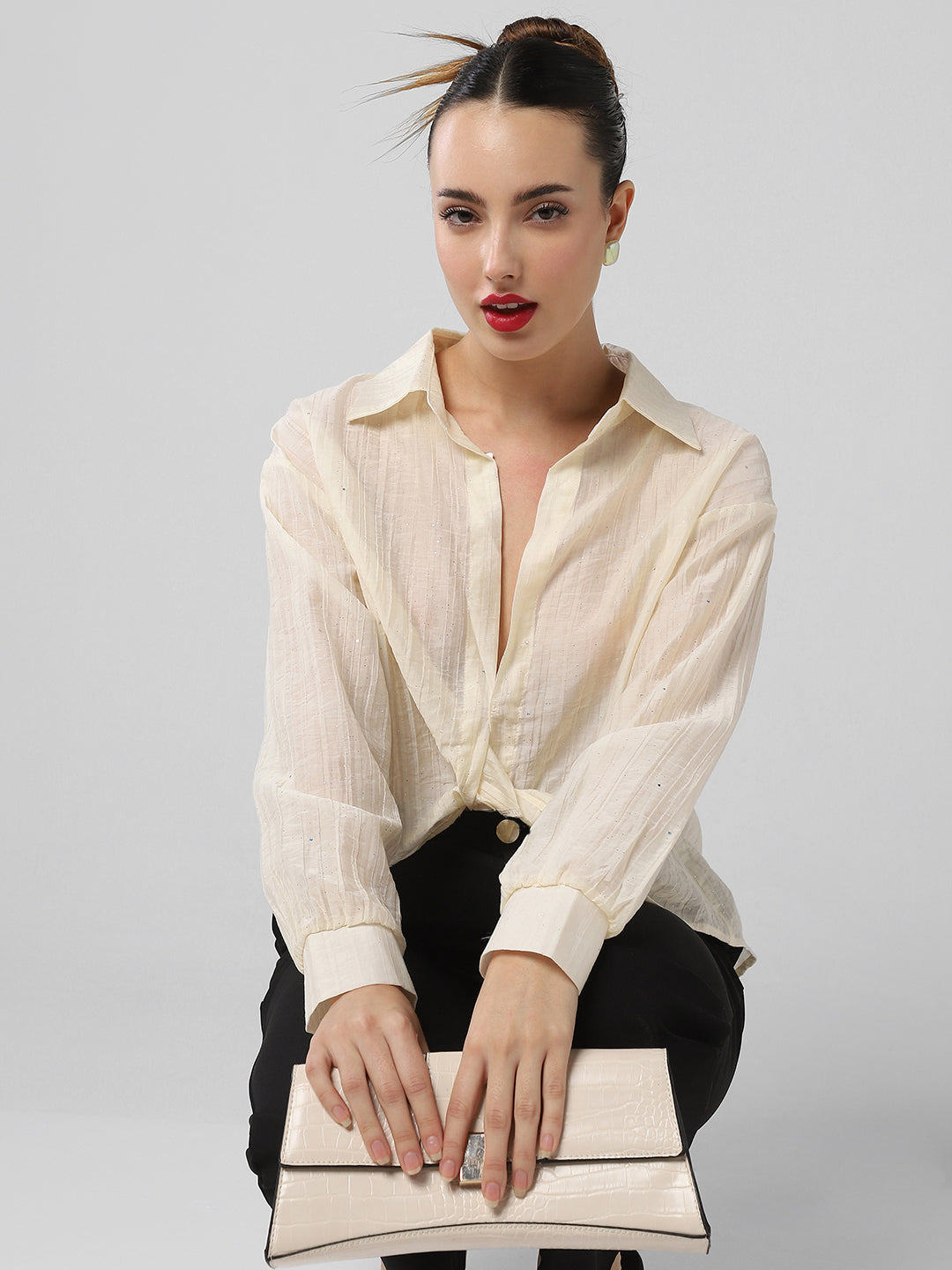 Women Cream Solid Shirt Style Crop Top