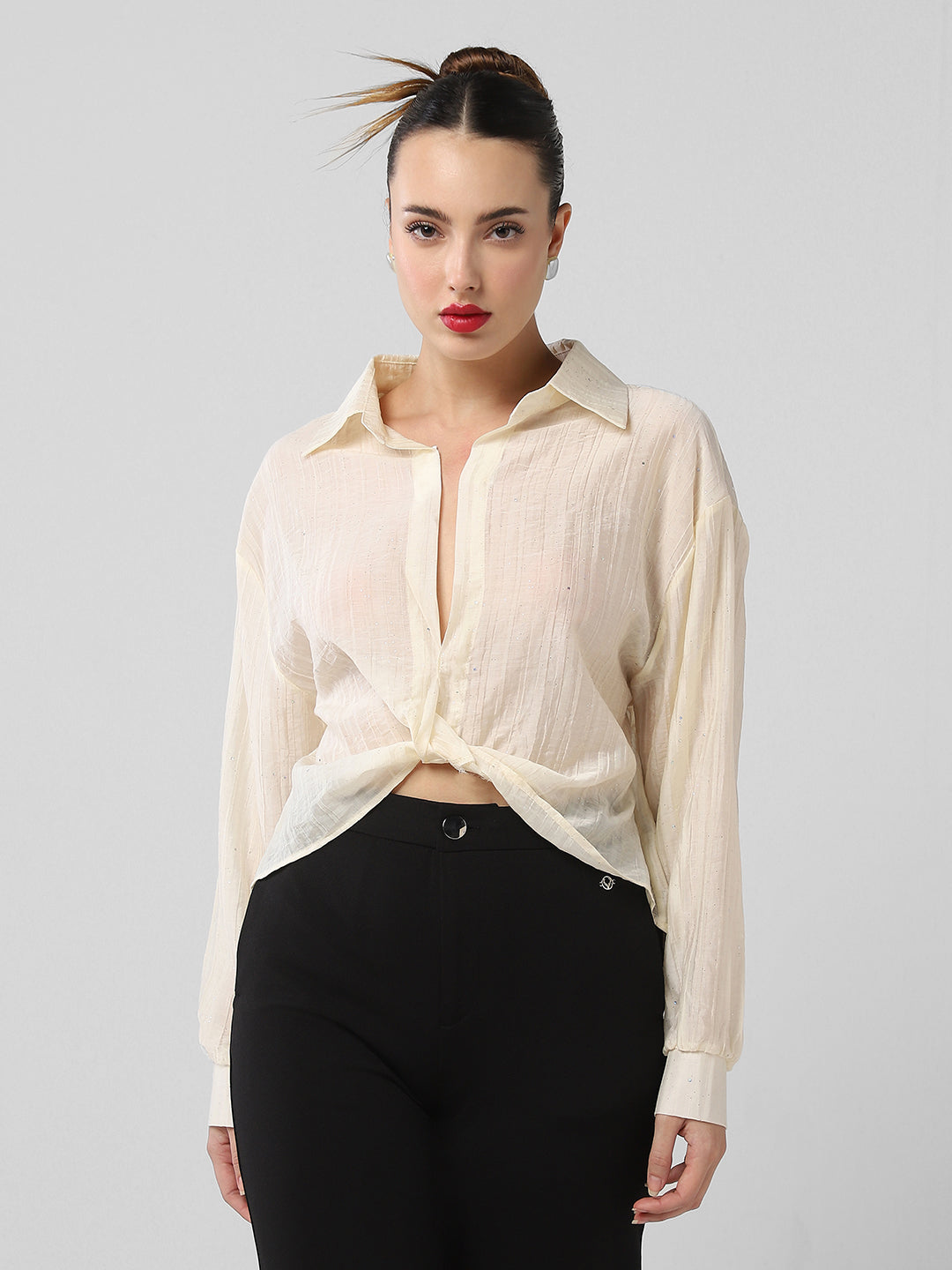 Women Cream Solid Shirt Style Crop Top